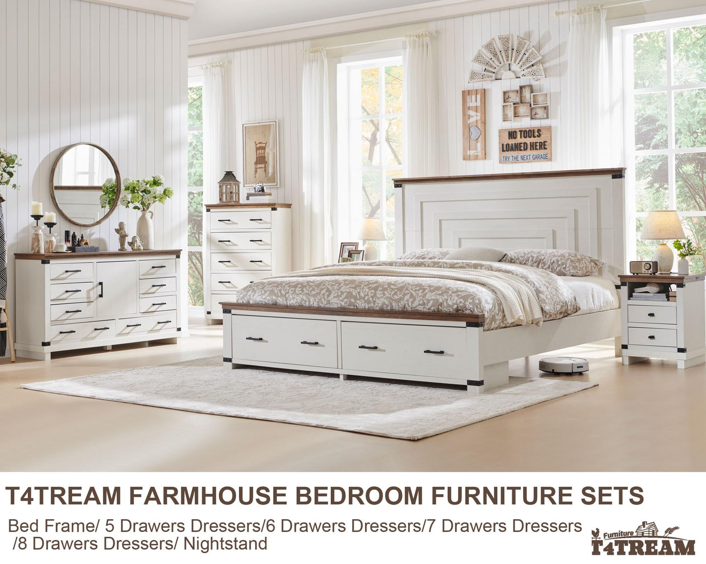T4TREAM Farmhouse 7 Drawers Dresser for Bedroom, 54" Wide Wood Chest of Drawers w/Natural Texture & Metal Handle, Rustic Storage Dressers Organizer for Living Room, Hallway, Antique White