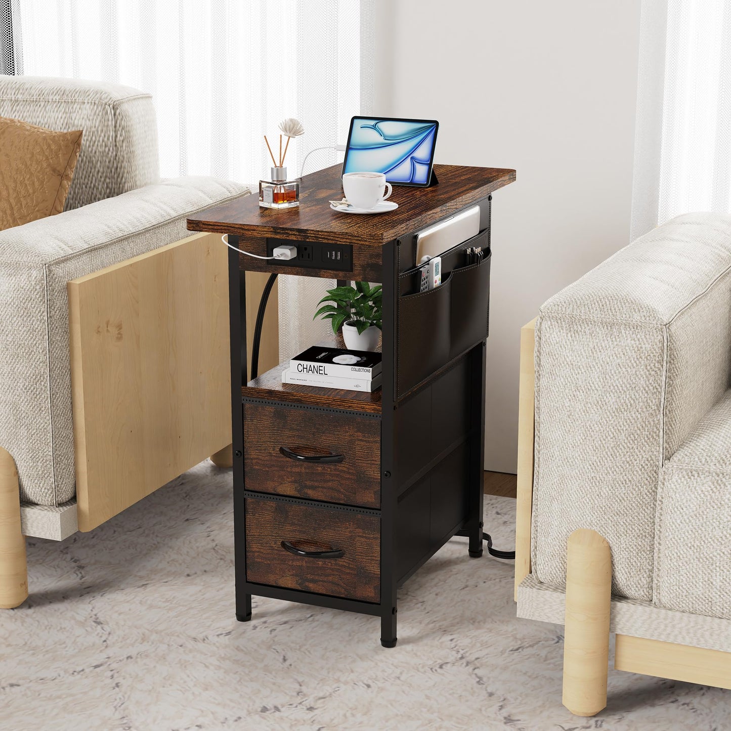 Yenlure Small Side Table with Charging Station, Narrow Nightstand Bedside Tables with Storage Pocket for Living Room Bedroom, Sofa End Table with USB Ports and Power Outlets for Small Spaces
