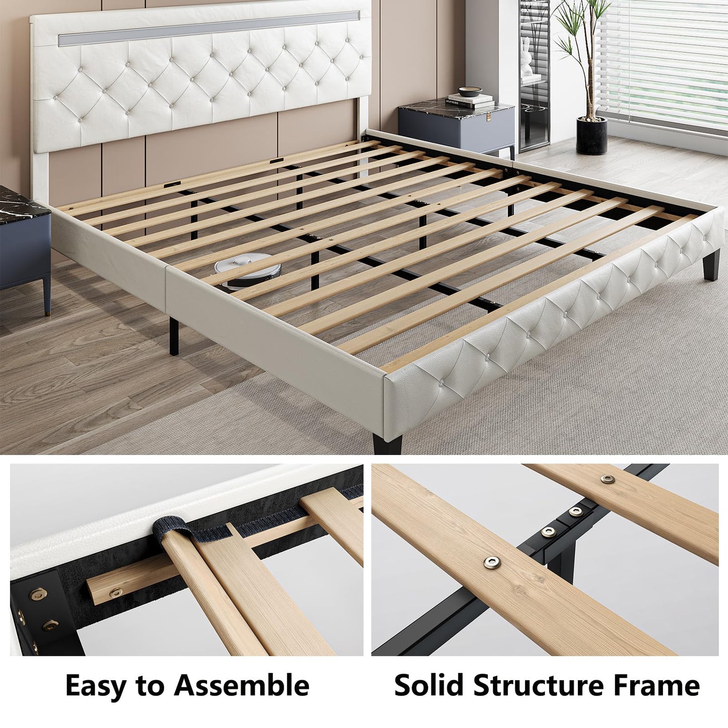 Benevika King Size Bed Frame with LED Lights, Upholstered Platform Bed Frame, Adjustable Headboard with Charging Station, Wooden Slats Support, Easy Assembly, No Box Spring Needed, White