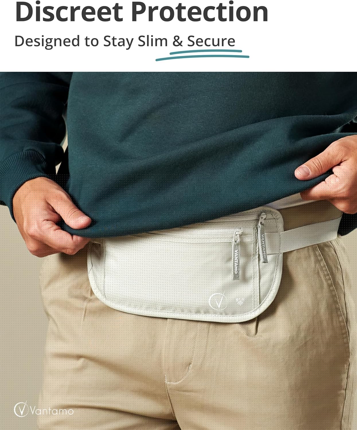 Vantamo Hidden Money Belt For Extra Safety, RFID Ultra-Thin Fanny Pack, 2 Compartment Money Bag Fits Passport & Phone