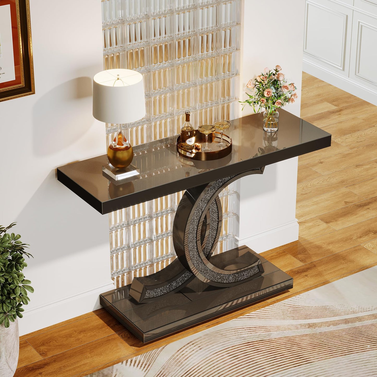 Mirrored Console Table, 39 Inch Modern Glass Entryway Table with C-Shaped Base, Black Finish Hallway Sofa Table for Living Room