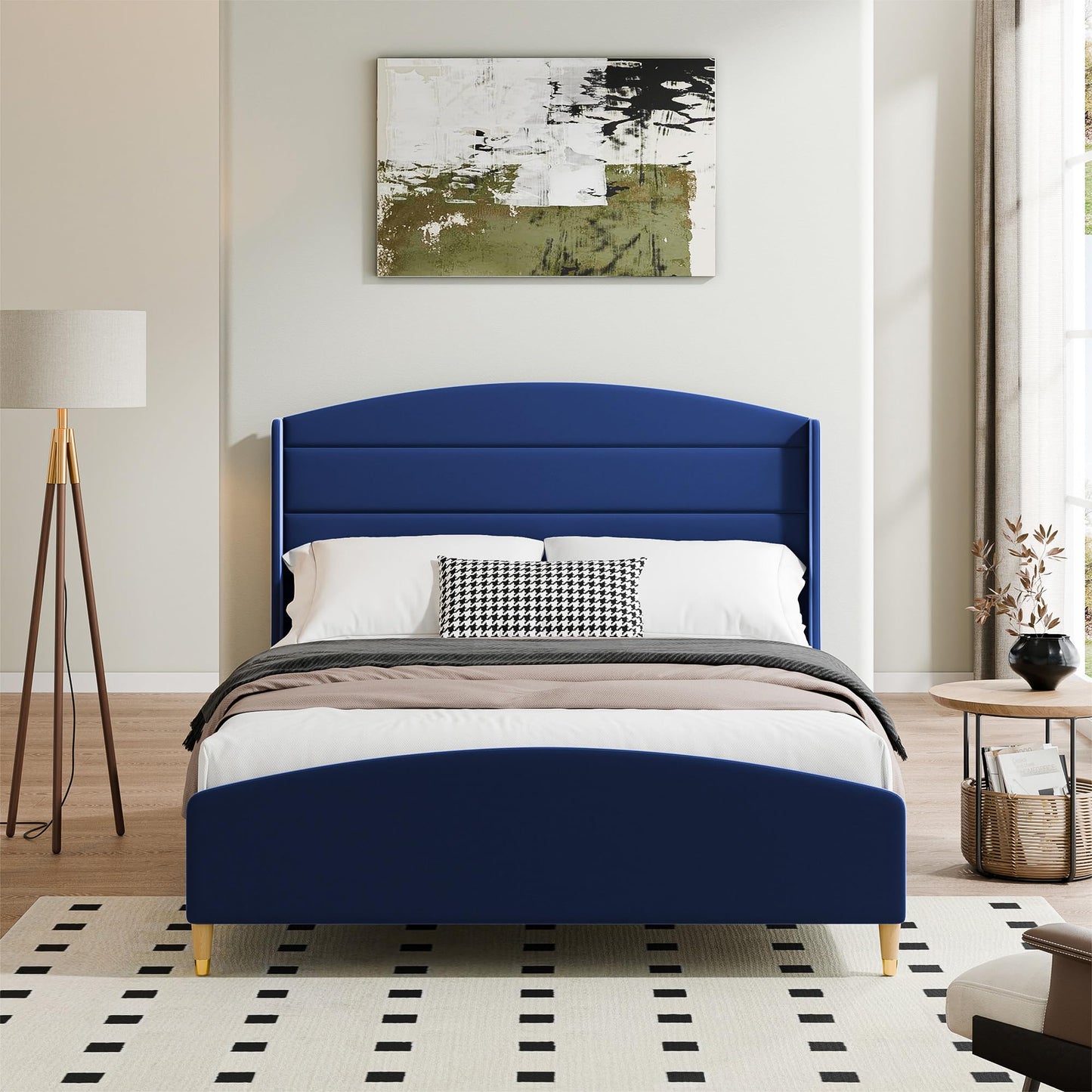 Cozy Castle Queen Size Bed Frame 50.4" High Wingback Headboard Velvet Upholstered Bed/No Box Spring Required/Wood Slat Support/Easy Assembly (Navy Blue)