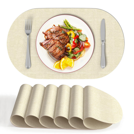 DOLOPL Placemats Set of 6, Oval Reversible Wipeable & Heat Resistant Place Mats, Modern Faux Leather Table Mats for Kitchen, Neutral Tablemats for Dining Table Decor, Wedding, Party(Beige)