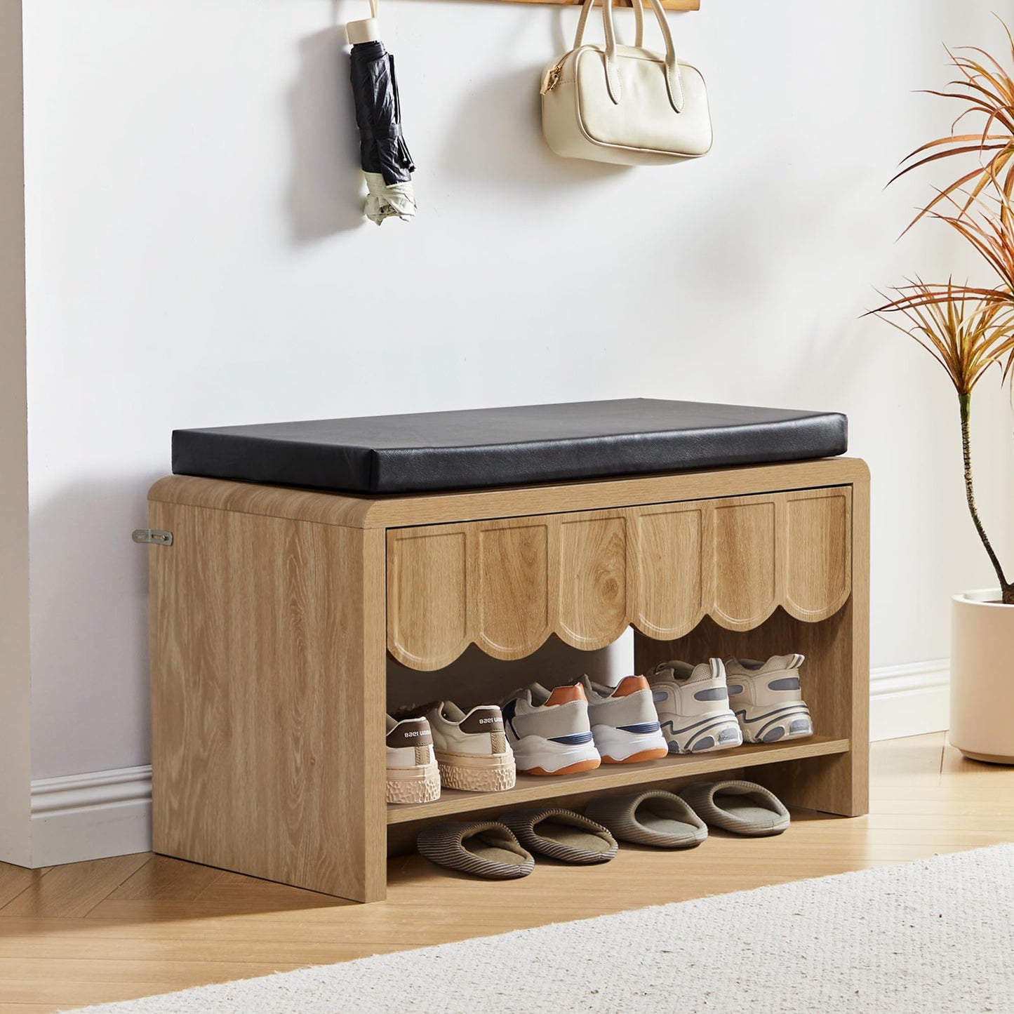 Shoe Storage Bench with Cushion, Shoe Rack Organizer Cabinet Bench with Wave Panel Drawer and Open Shelf for Entryway, Hallway, Living Room (Natural)