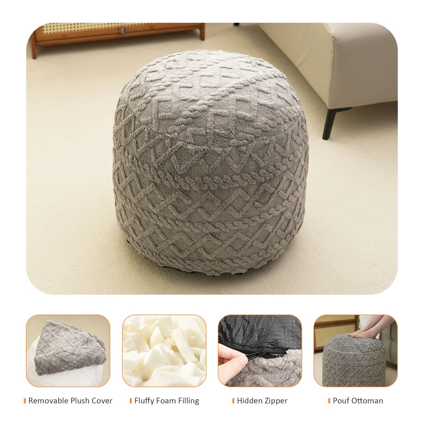Round Stuffed Pouf Ottoman for Foot Rest, Faux Fur Poufs with Foam Chunk Filling, Storage Ottoman Pouf Foot Stool Cushion, 20 X 15 InchFloor Poufs Foot Rest for Living Room Bedroom Home Decor (Grey)
