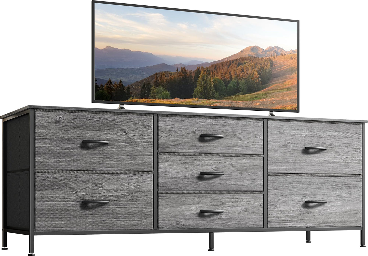 Huuger Dresser for Bedroom, 55 Inch TV Stand for 43, 55, 60 Inch TV, Long Fabric Dresser for Closet, TV Stand with 7 Drawers, Storage, Clothing, Grey