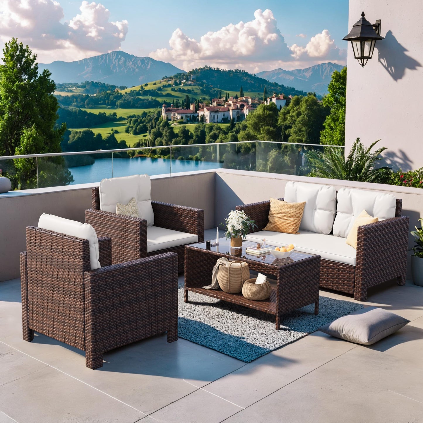Homall 4 Pieces Patio Furniture Sets Rattan Chair Wicker Conversation Sofa Set, Outdoor Indoor Backyard Porch Garden Poolside Balcony Use (Beige)