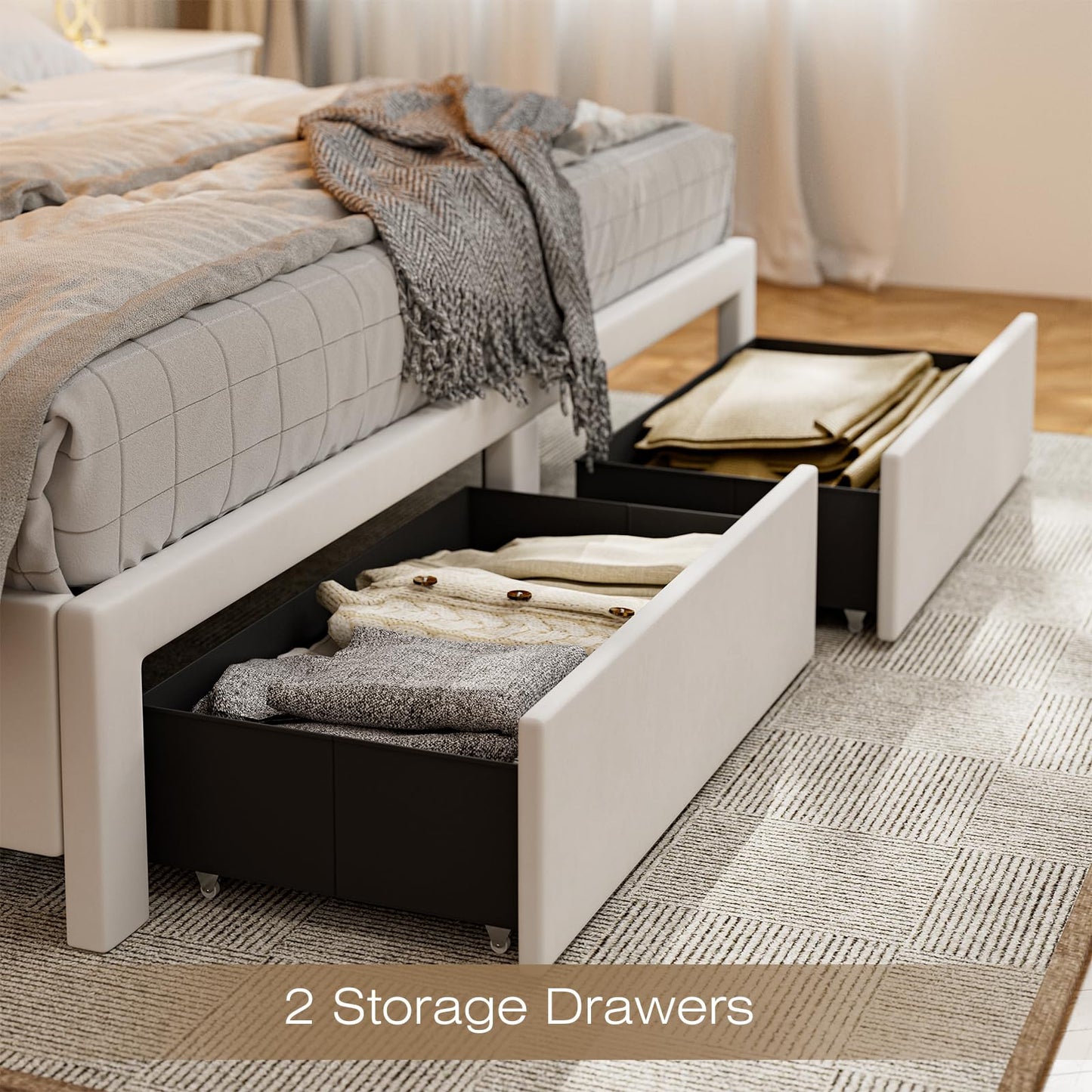 CIKUNASI Upholstered King Size Bed with Headboard & Storage - 60" Tall with 2 Drawers, Tufted Wingback Bed w/ LED Light & Charging Station - No Box Spring Needed