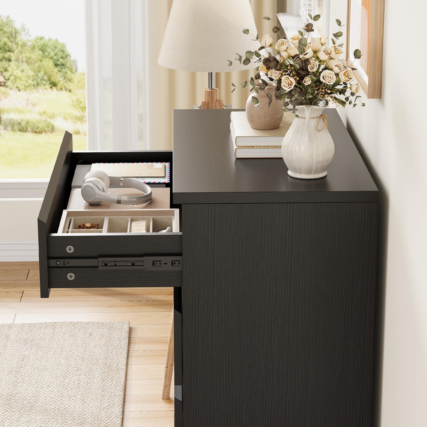 Jocoevol Black 6 Drawer Dresser for Bedroom, 15.3" D x 47.2" W x 32.3" H in Simply Modern Chest of Drawers, Wood Storage Double Dresser with Deep Drawers for Living Room, Hallway Entryway, Black