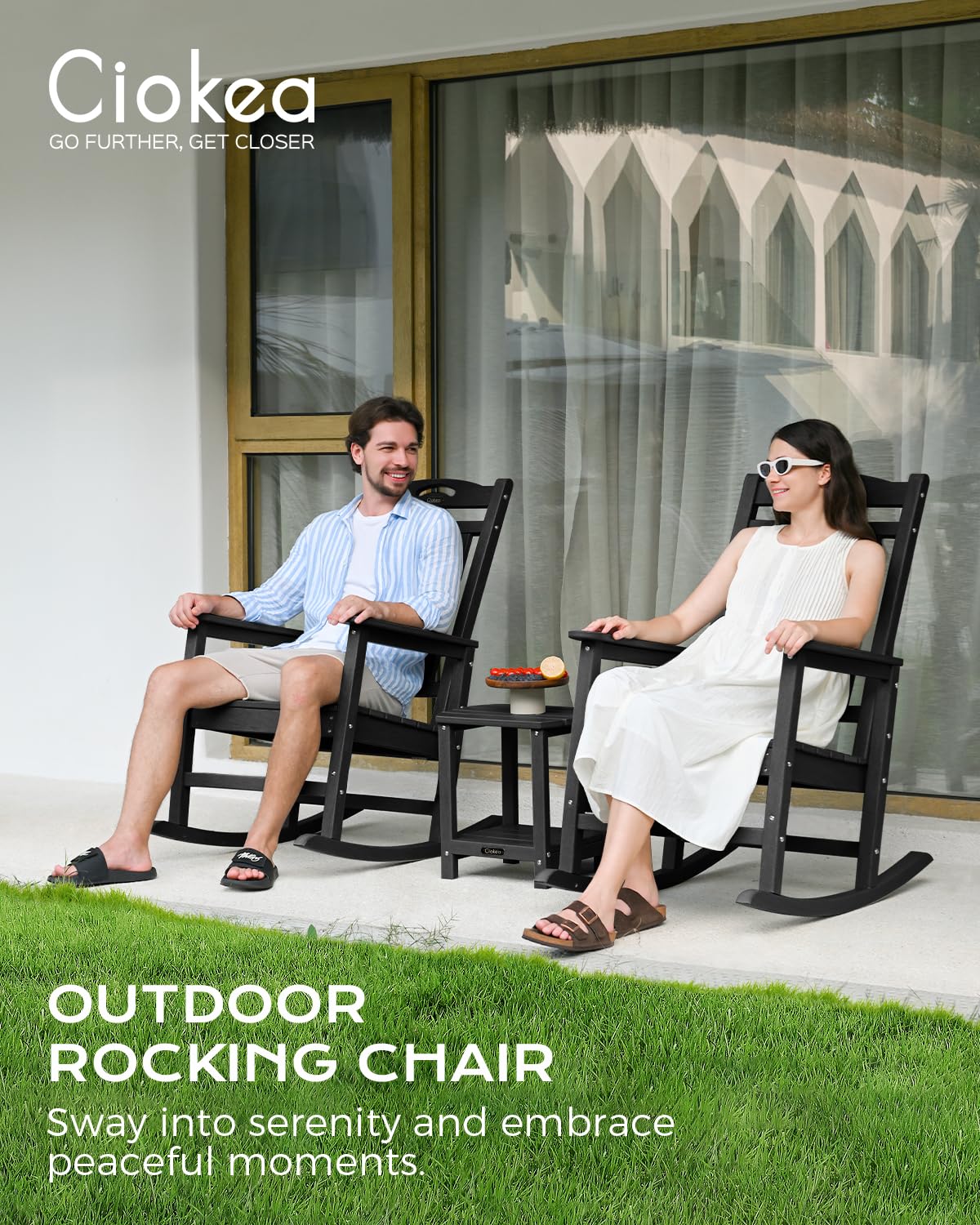 Black Outdoor Rocking Chairs Set of 2, HDPE Poly Rocking Chair for Adults, Patio Rocking Chairs for Porch