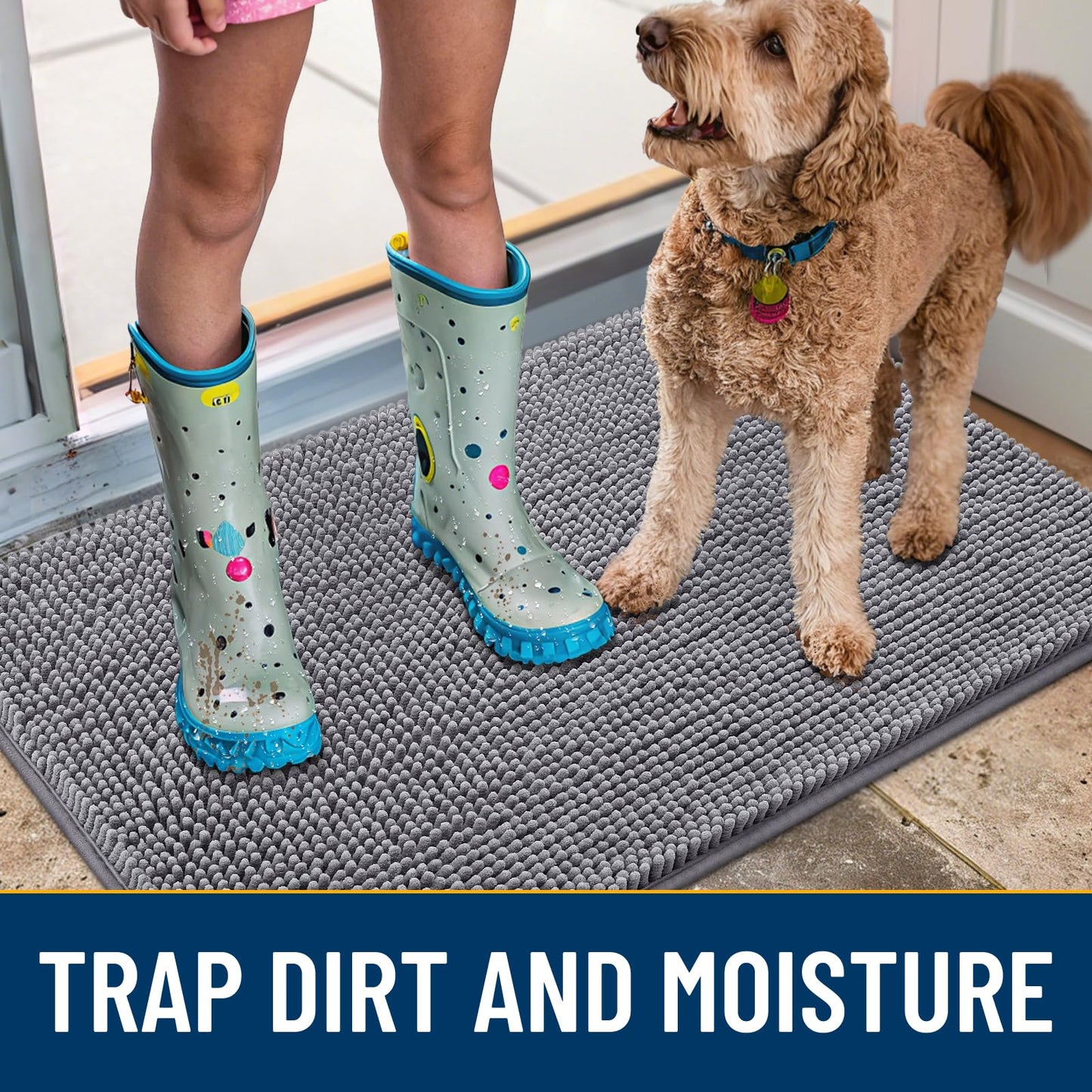 Smiry Dog Door Mat for Muddy Paws 59x24, Absorbs Moisture and Dirt Doormat, Non-Slip Washable Quick Dry Chenille Front Door Mat Indoor Entrance, Entryway Carpet for Inside Floor, Grey