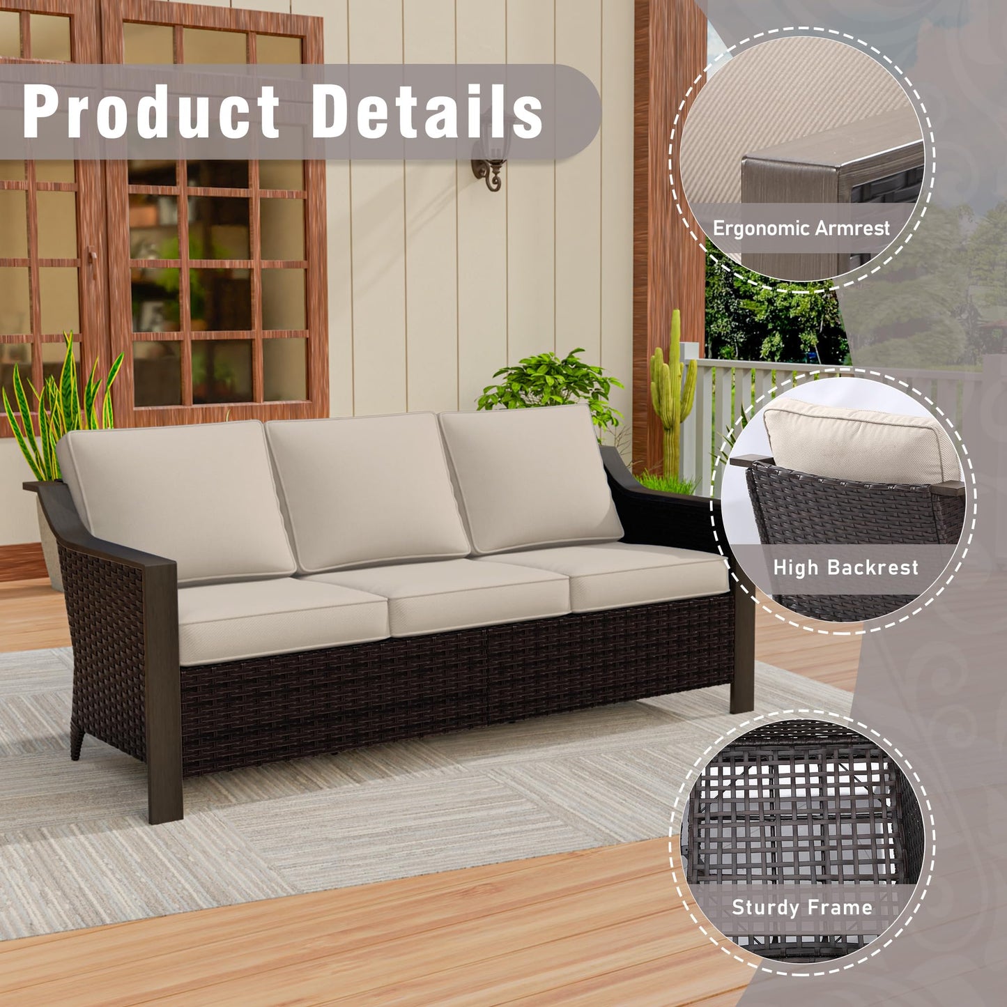 Qsoer 74 Inch Patio 3-Seater Sofa,PE Wicker Outdoor Lounge with Thick Removable Water-Resistant Cushions, Rust-Proof Steel Frame, 900LBS Capacity, Beige