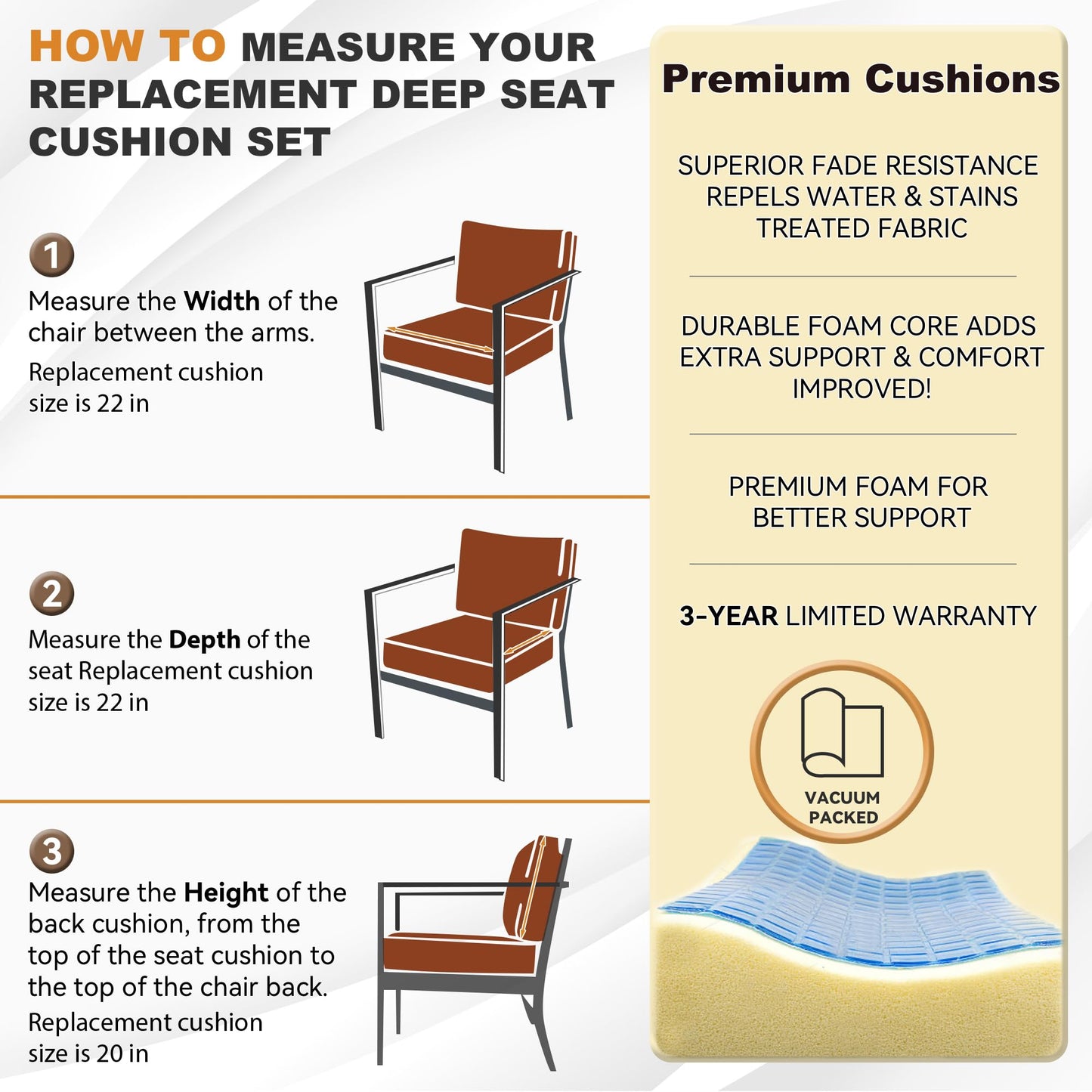 AONETOZ Deep Seat Patio Cushions Set 22 x 22 Inch,Olefin Fabric Outdoor Seat Cushion,Patio Furniture Cushions with Removable Cover,Rain-Proof and Fade Resistant Deep Seat Bottom & Back Cushion,1set