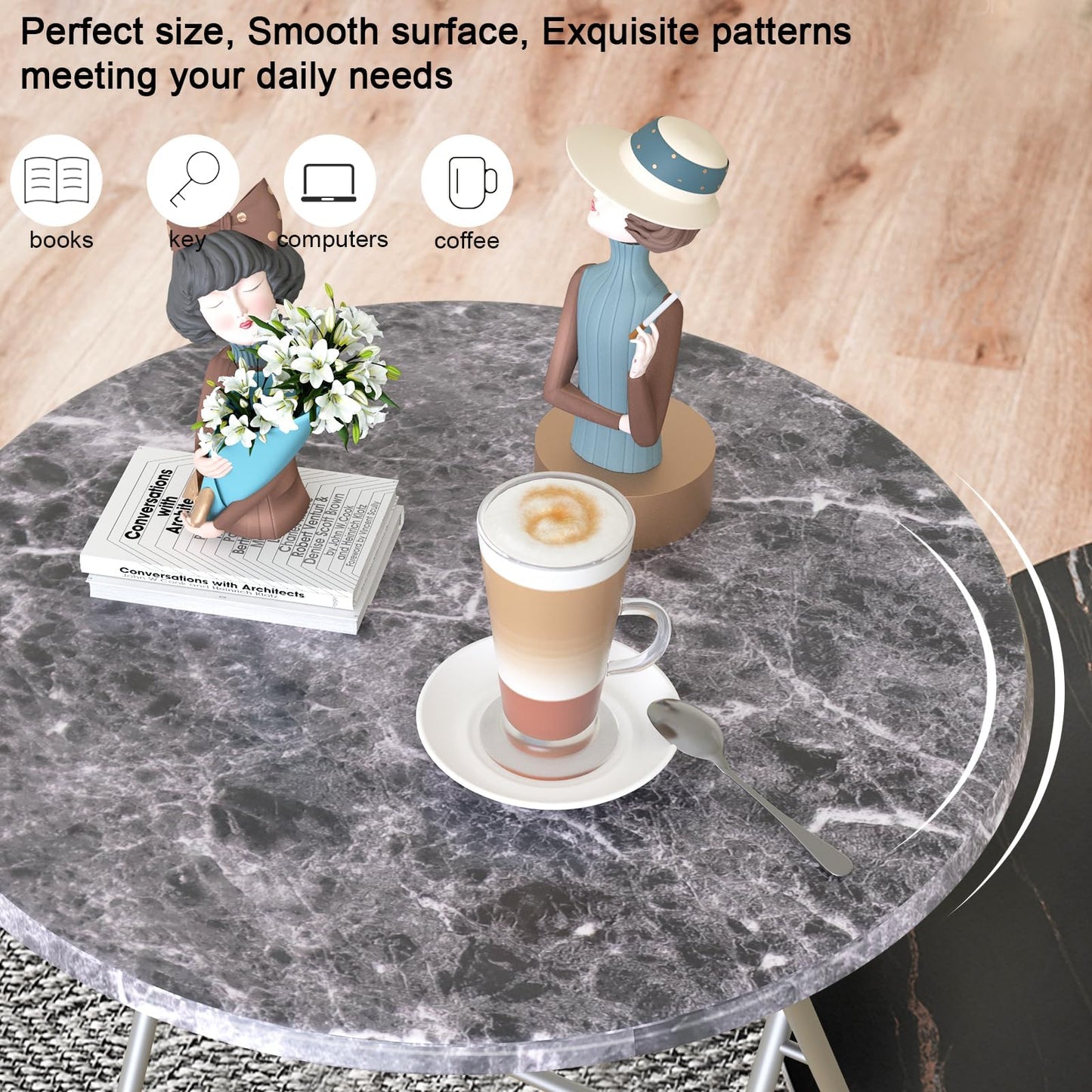 Fleecy day Folding Round TV Tray Table Set of 4, TV Dinner Table with Sturdy MDF Top, Eating Trays for Living Room with No Assembly Required, 17.5 x 17.5 x 26 in (Black Marble, 4Pcs)