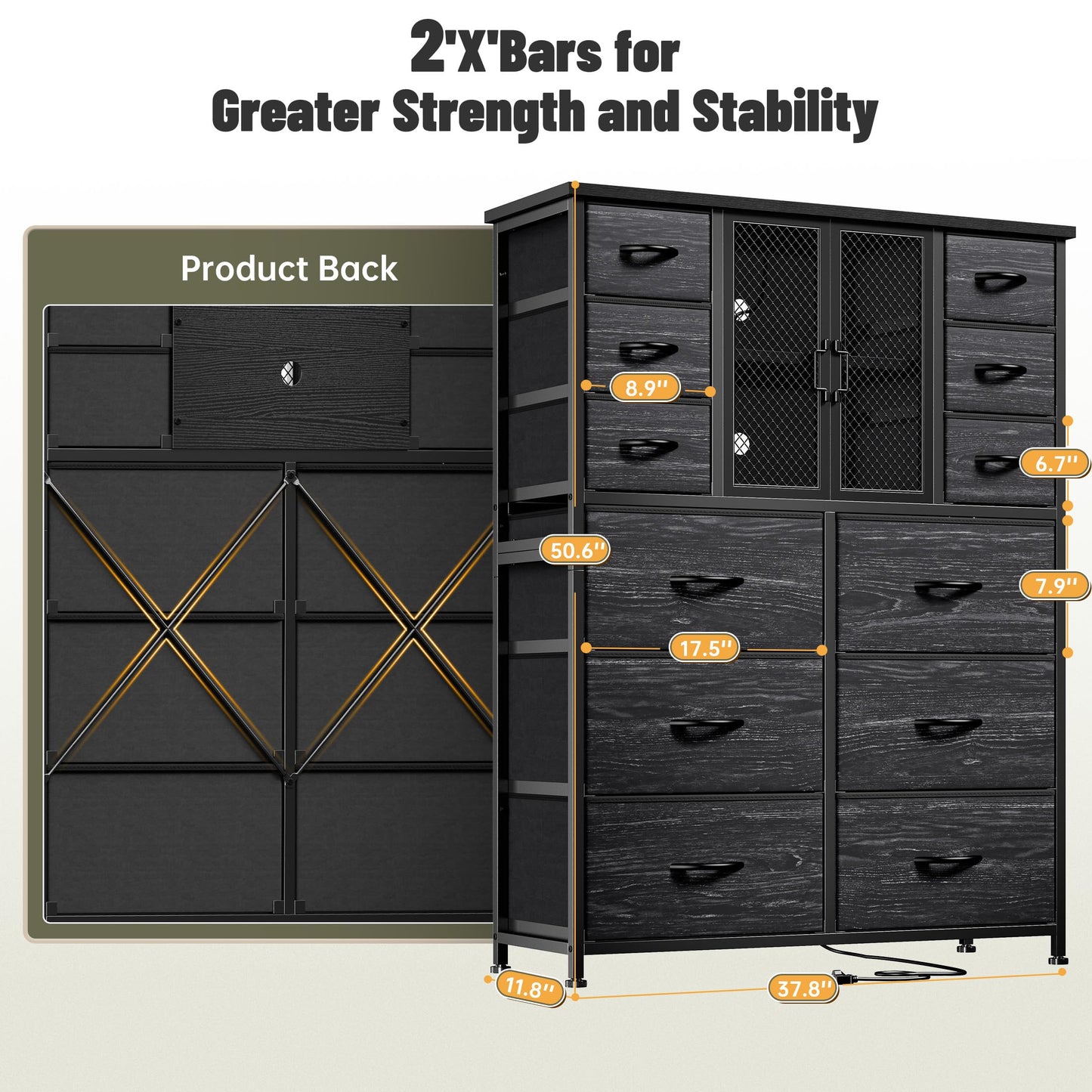 EnHomee Tall Dresser for Bedroom with Charging Station & LED & Mesh Door, 12 Fabric Drawer Dressers & Chests of Drawers, Wooden Top, Metal Frame, Black, 11.8" D x 37.8" W x 50.6" H