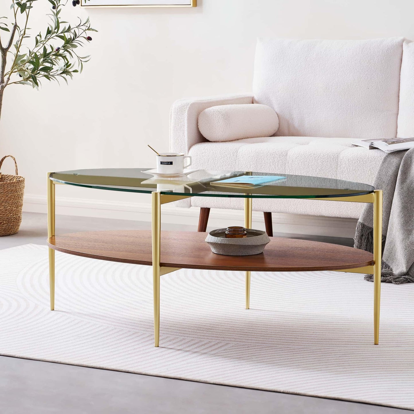 LumFurn Oval Glass Coffee Table, Mid-Century Modern Design, L43 x W22 x H17 inch, 2-Tier Structure, Olive Shaped Clear Glass Top and Walnut Finish Wood Shelf, Tapered Legs with Gold Finish Frame