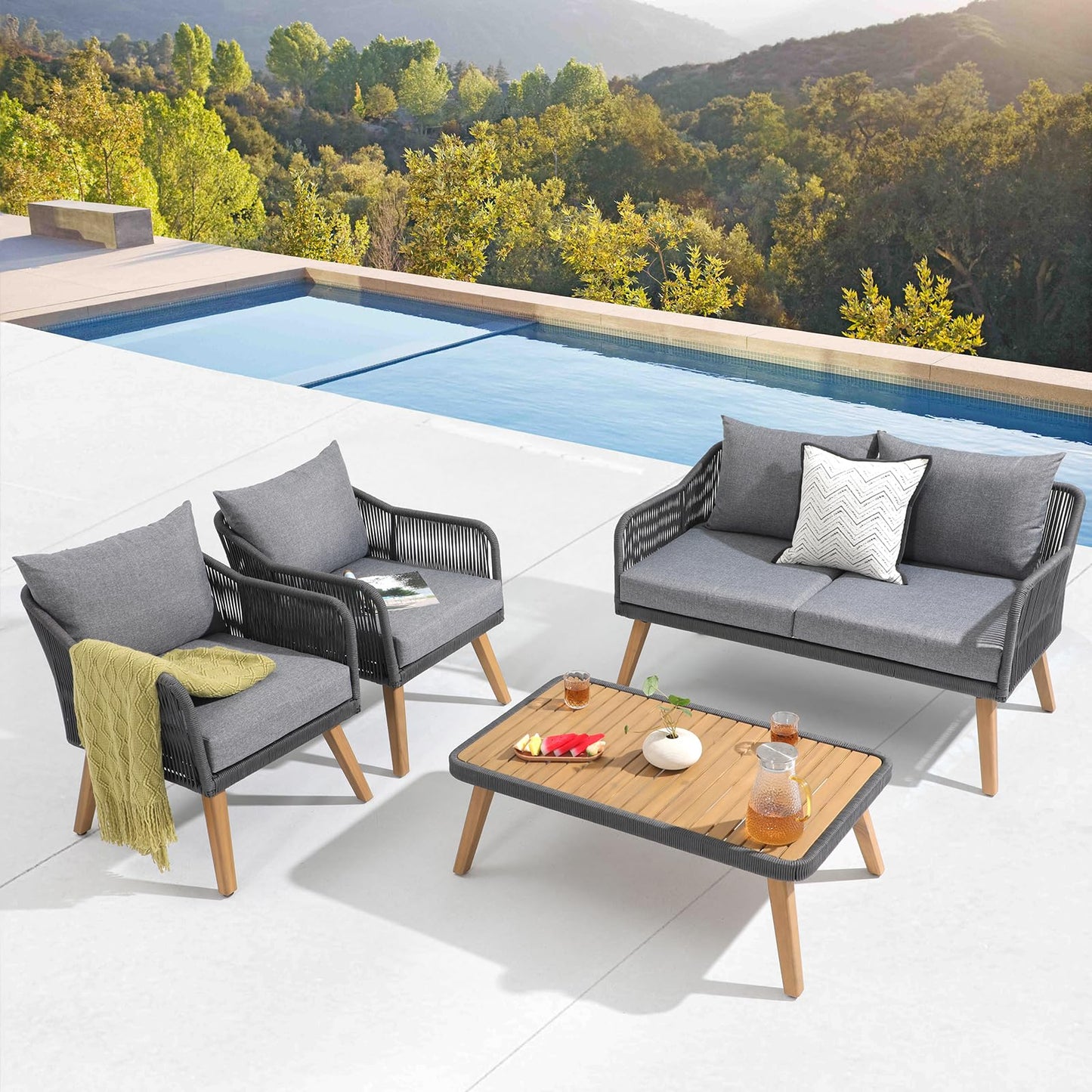 Patiorama 4-Piece Patio Furniture Set, Outdoor Acacia Wood Conversation Set, All-Weather Rope Sofa w/Coffee Table, Loveseat, Grey