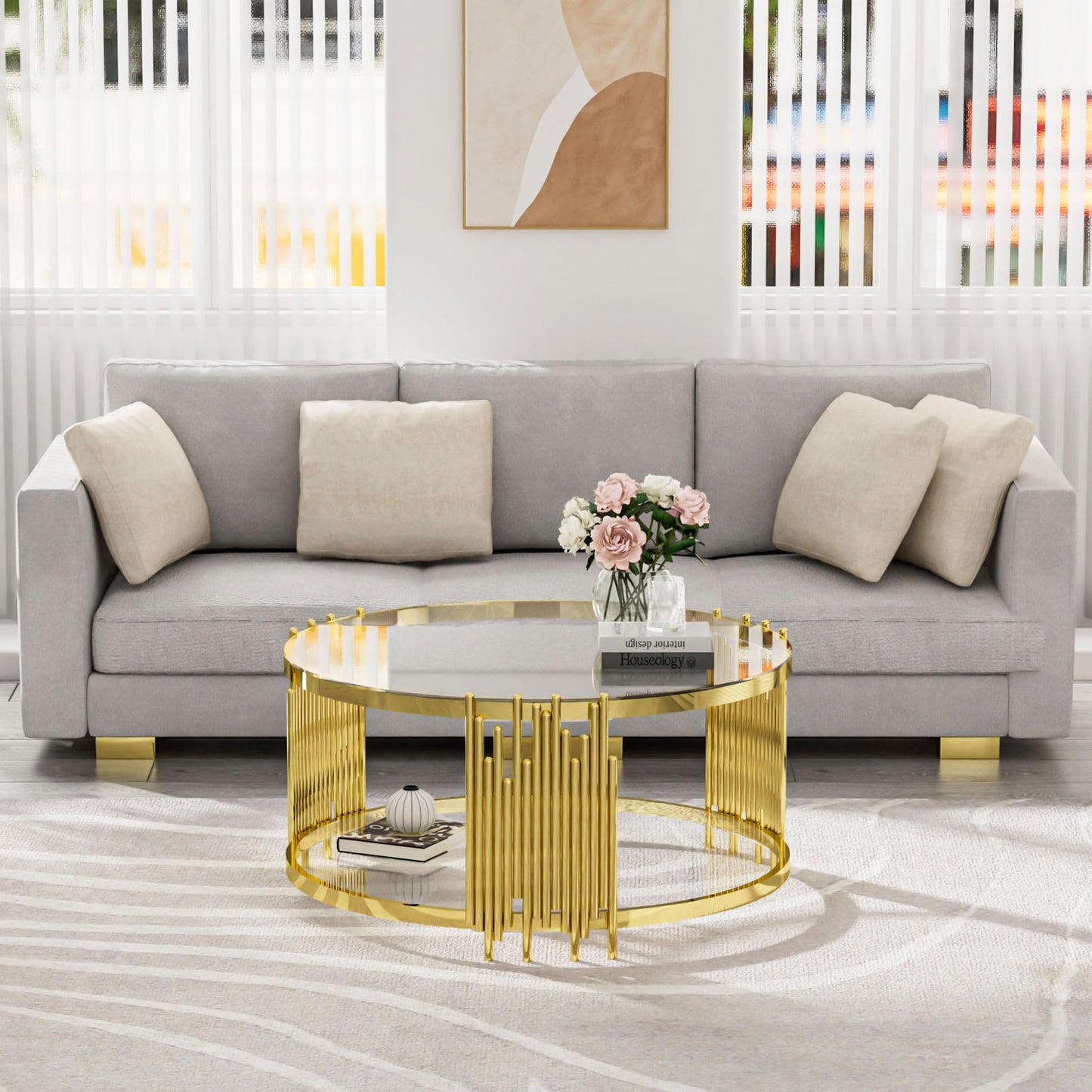 Glass Coffee Table Round Modern Living Room Table, Gold Stainless Steel Metal Leg Clear Tempered Glass, Sofa Center Tables Furniture for Home Office, Gold