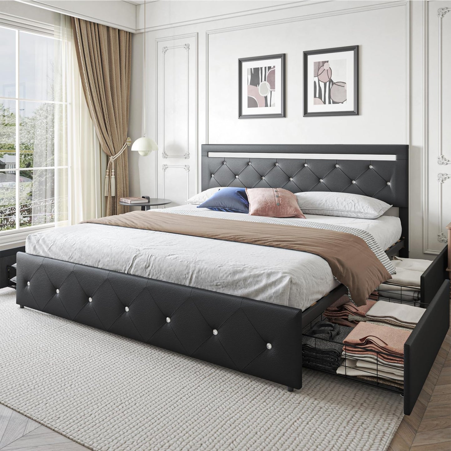 Forrise Bed Frame Queen Size with LED Light and Storage Drawers, Adjustable Headboard with PU Leather Upholstered, 2 Sockets and 2 USB Ports, No Box Spring Needed, Wooden Slats Support, Black