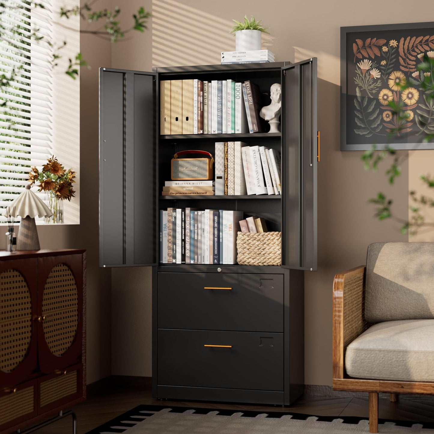Reemoon Office File Cabinet with 2 Drawers,Metal Filing Cabinet with Doors for Home Office School for Hanging Letter/Legal/F4/A4 Size Folders,Required Assembly,Black