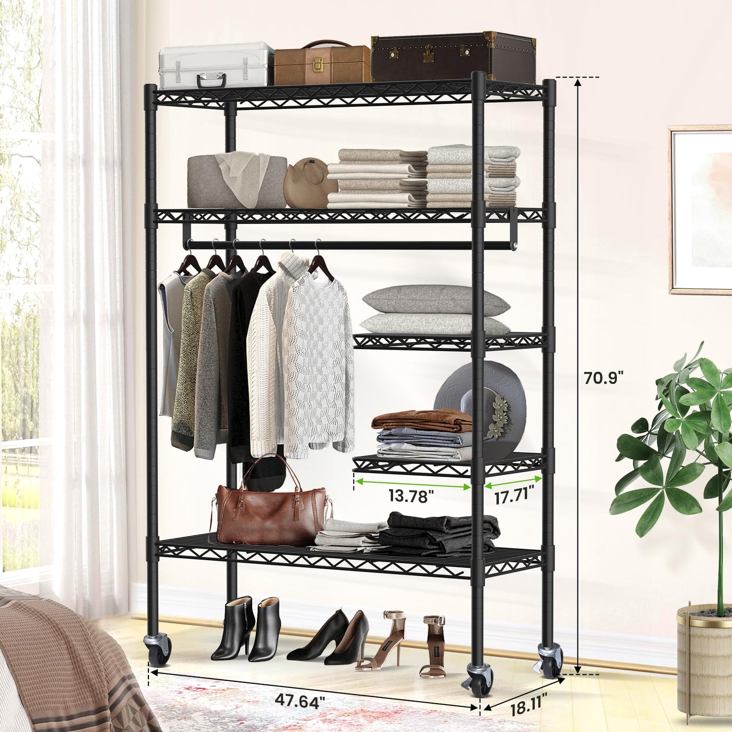 JS HOME Heavy Duty Garment Rack, Free-Standing Rolling Clothes Rack with Fitted Grey Oxford Cover, Extra Large Wardrobe Storage Rack/Organizer