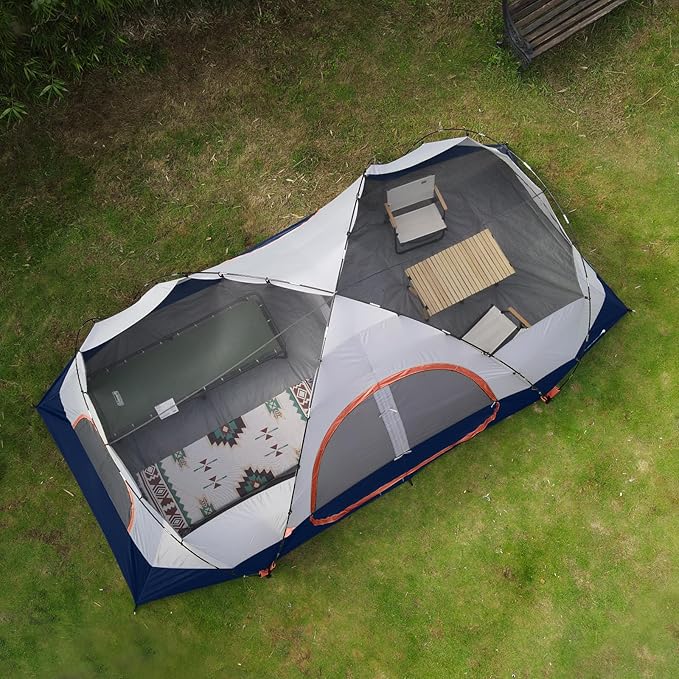 UNP Camping Tent 10-Person-Family Tents, Parties, Music Festival Tent, Big, Easy Up, 5 Large Mesh Windows, Double Layer, 2 Room, Waterproof, Weather Resistant, 18ft x 9ft x78in