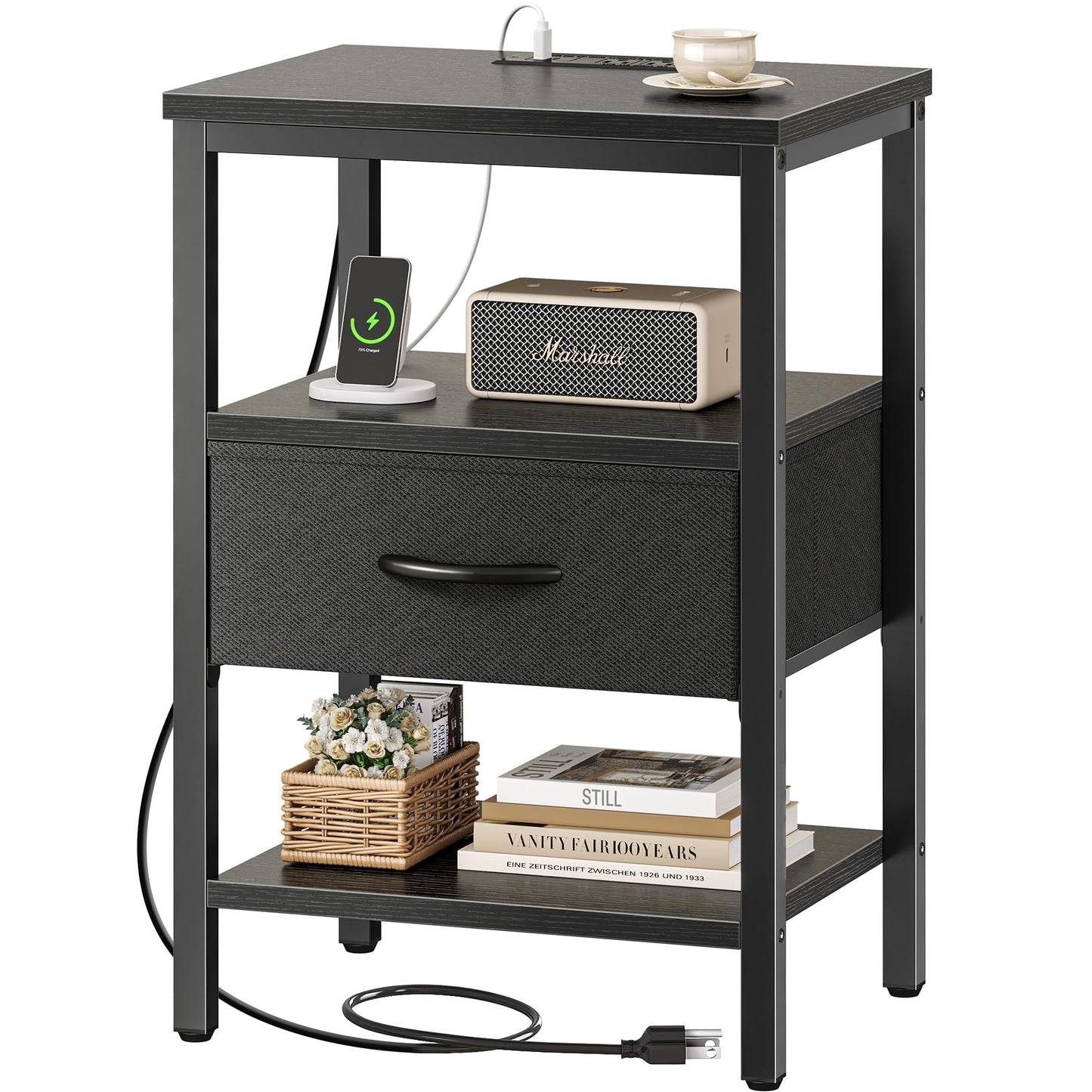 SUPERJARE Nightstand with Charging Station, Bed Side Table with Adjustable Fabric Drawer, Night Stand for Bedroom, 3-Tier Storage End Table, for Living Room, Black