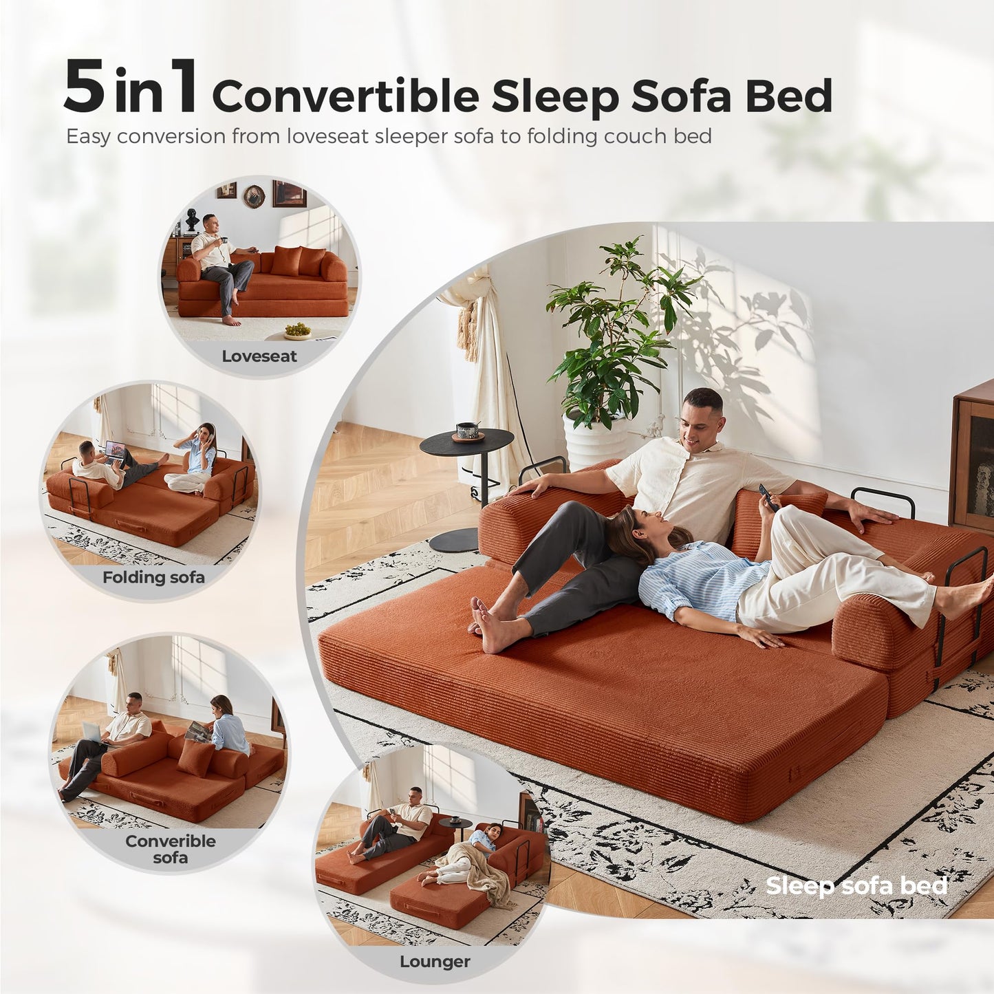 79" Convertible Sleeper Sofa Bed, Floor Sofa Lounge Couch with Fixed-Shape Frame, Modular Sectional Sofa Bed with 2 Pillows, Corduroy Loveseat Couches for Living Room, Bedroom, Lounge Studio（Orange）