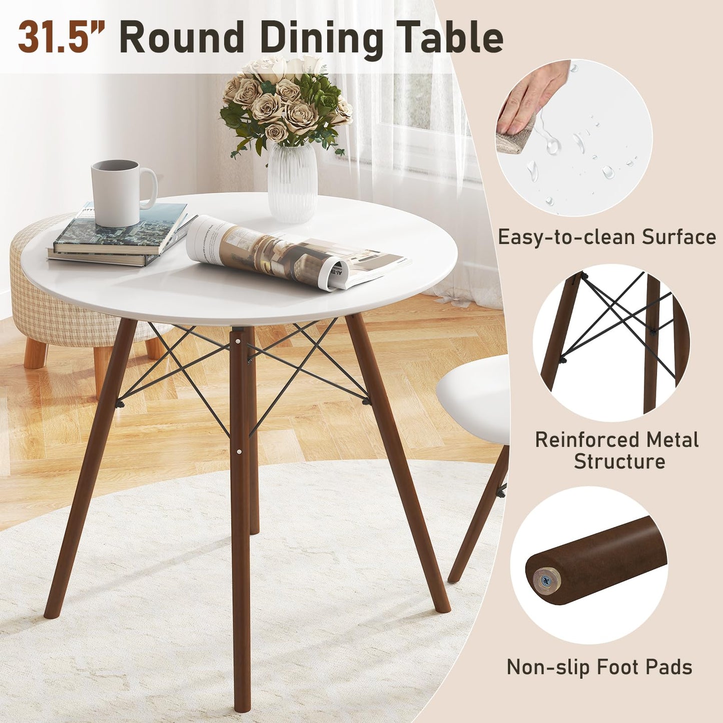 Tangkula Round Dining Table Set for 4, Modern Circle Kitchen Table & 4 Chairs with Ergonomic Seats and Solid Wood Legs, 5-Piece Dining Room Set for Small Spaces, Kitchen, Living Room