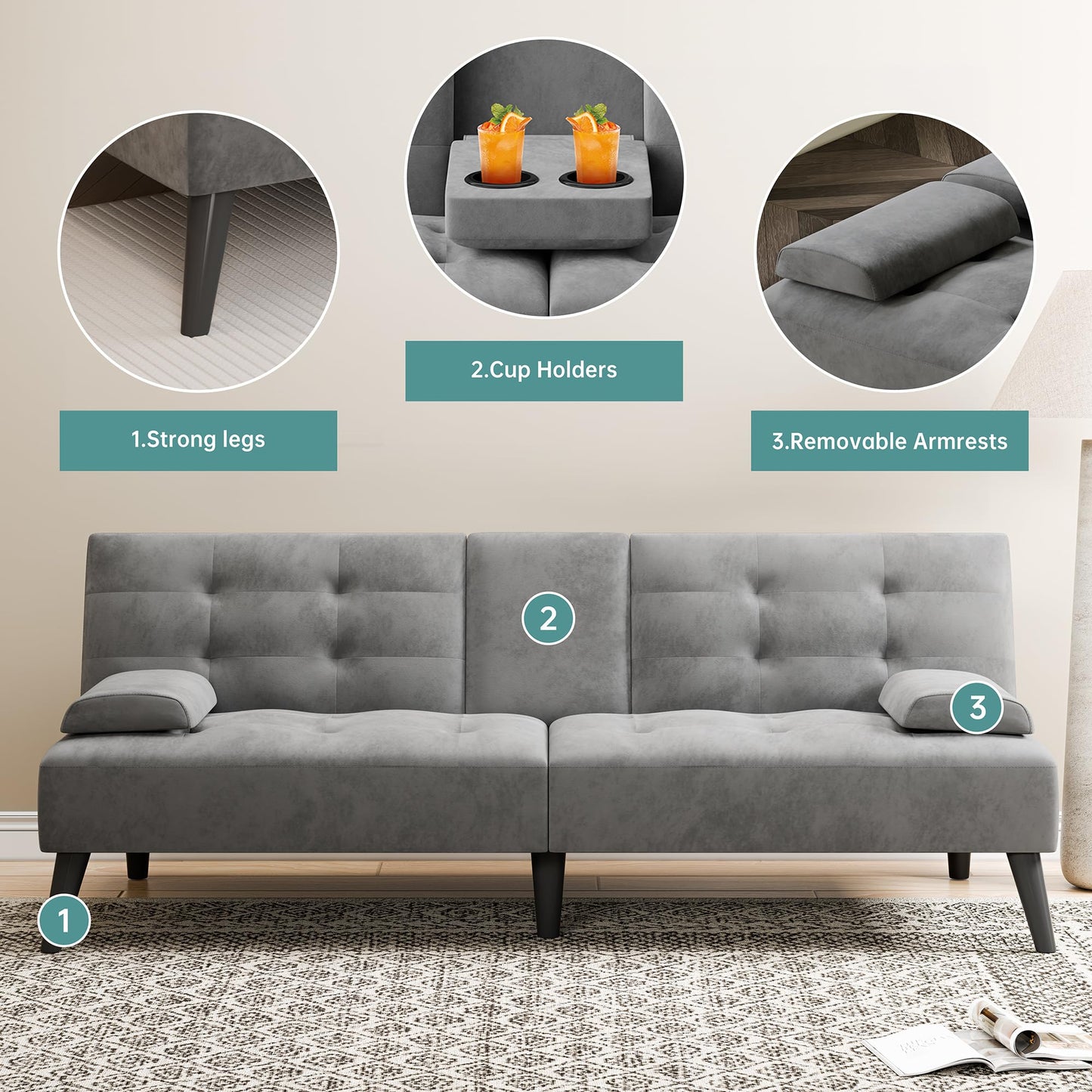 Meilocar Futon Sofa Bed Couch, Modern Convertible Sofa Couch, 64 in Adjustable Recliner Sofa Bed for Living Room, 2 Armrest Pillows, 2 Cup Holders, Dark Grey
