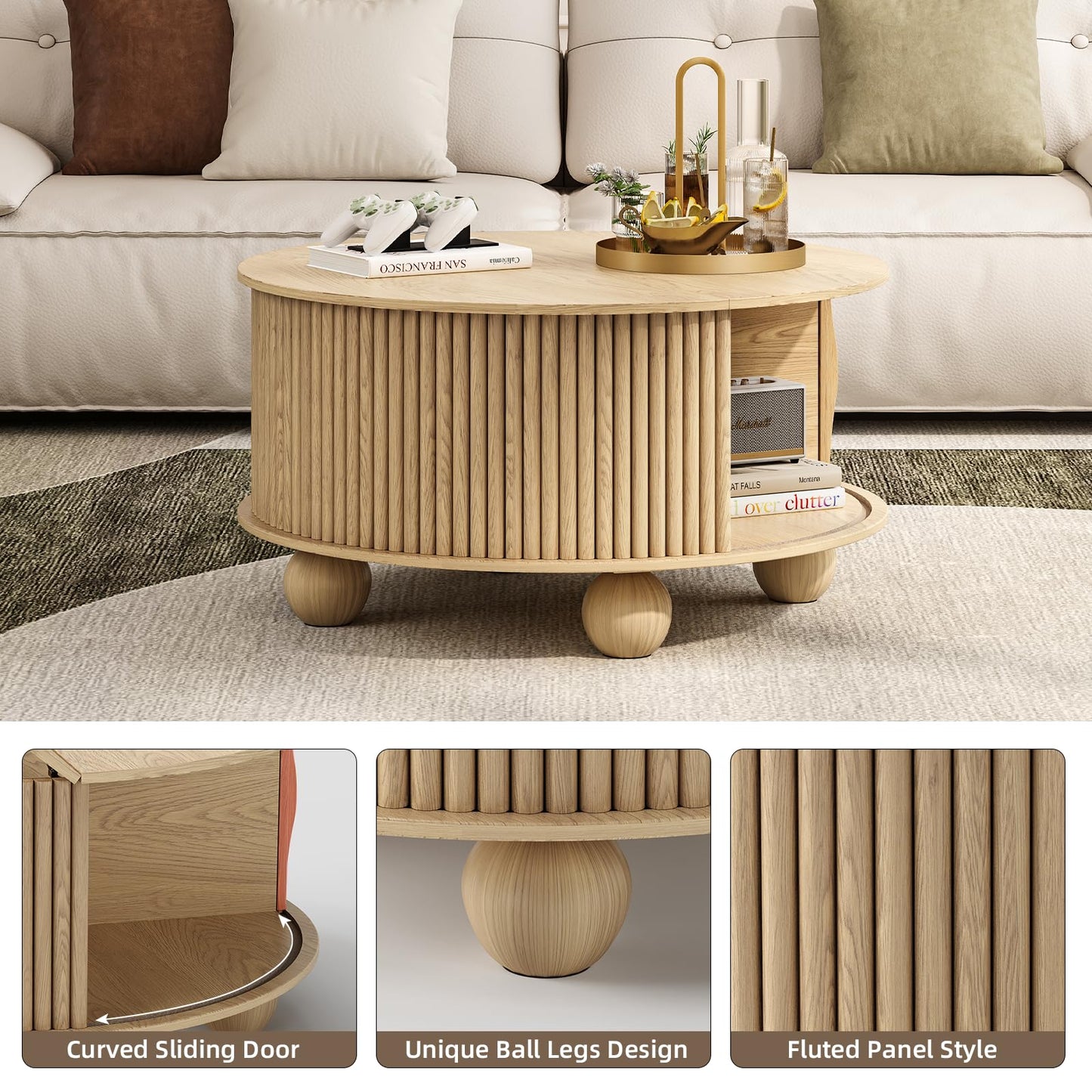 JOINICE, Round Coffee Table with Storage, 31.5" Mid-Century Modern Center Table with Sliding Door, Fluted Lift Up Coffee Table with Bun Feet, Wood Coffee Tables for Living Room, Home Small Space, Oak
