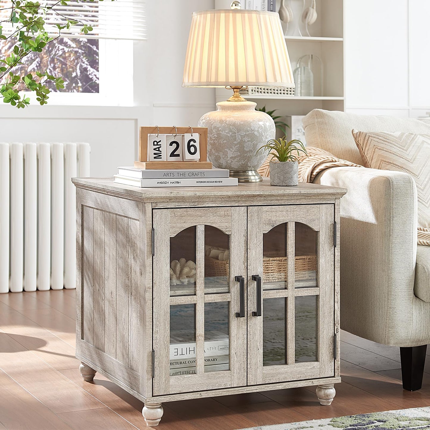 RWYHG Farmhouse End Table with Charging Station,24" Large Sofa Side Table with Glass Barn Door,Rustic Wood Night Stand with Adjustable Storage Shelf,Square Bedside Table for Living Room,Bedroom Office