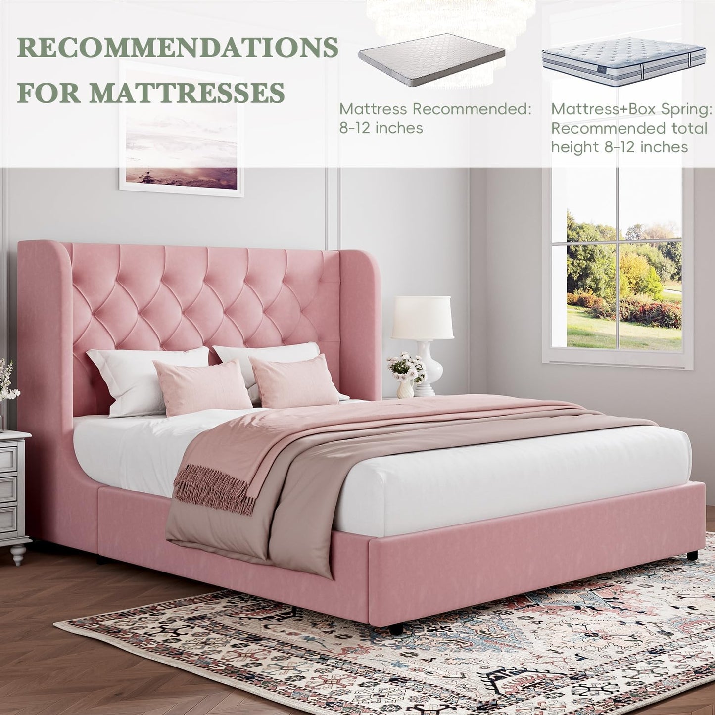 HOMBCK Pink King Size Bed Frame, Upholstered Platform Bed Frame with Velvet Tufted Headboard, Curved Wingback Design, Wooden Slats, No Box Spring, Noise Free, Easy Assembly