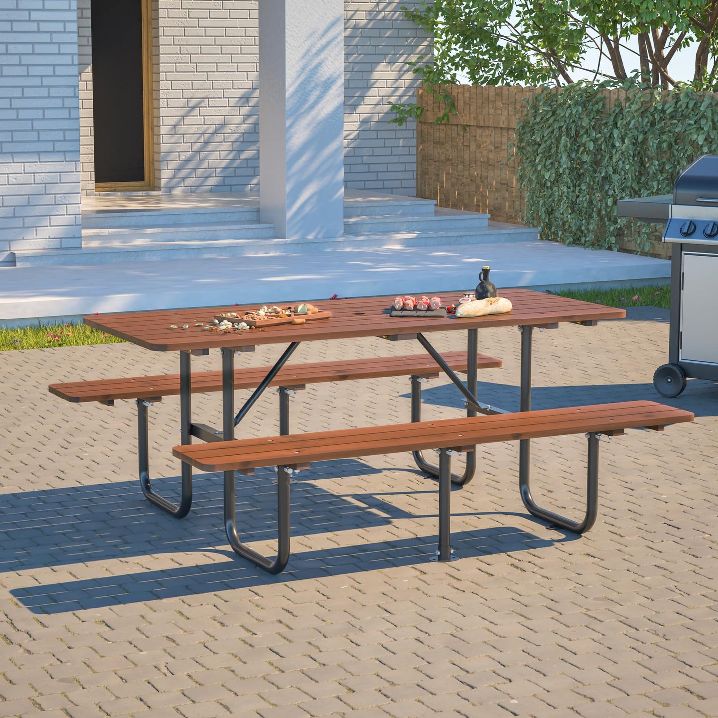 QUAWIP 72" Rectangular Outdoor Picnic Table - 6 Person Brown Wooden Dining Set with Built-in Benches, Ideal for Garden BBQ & Courtyards