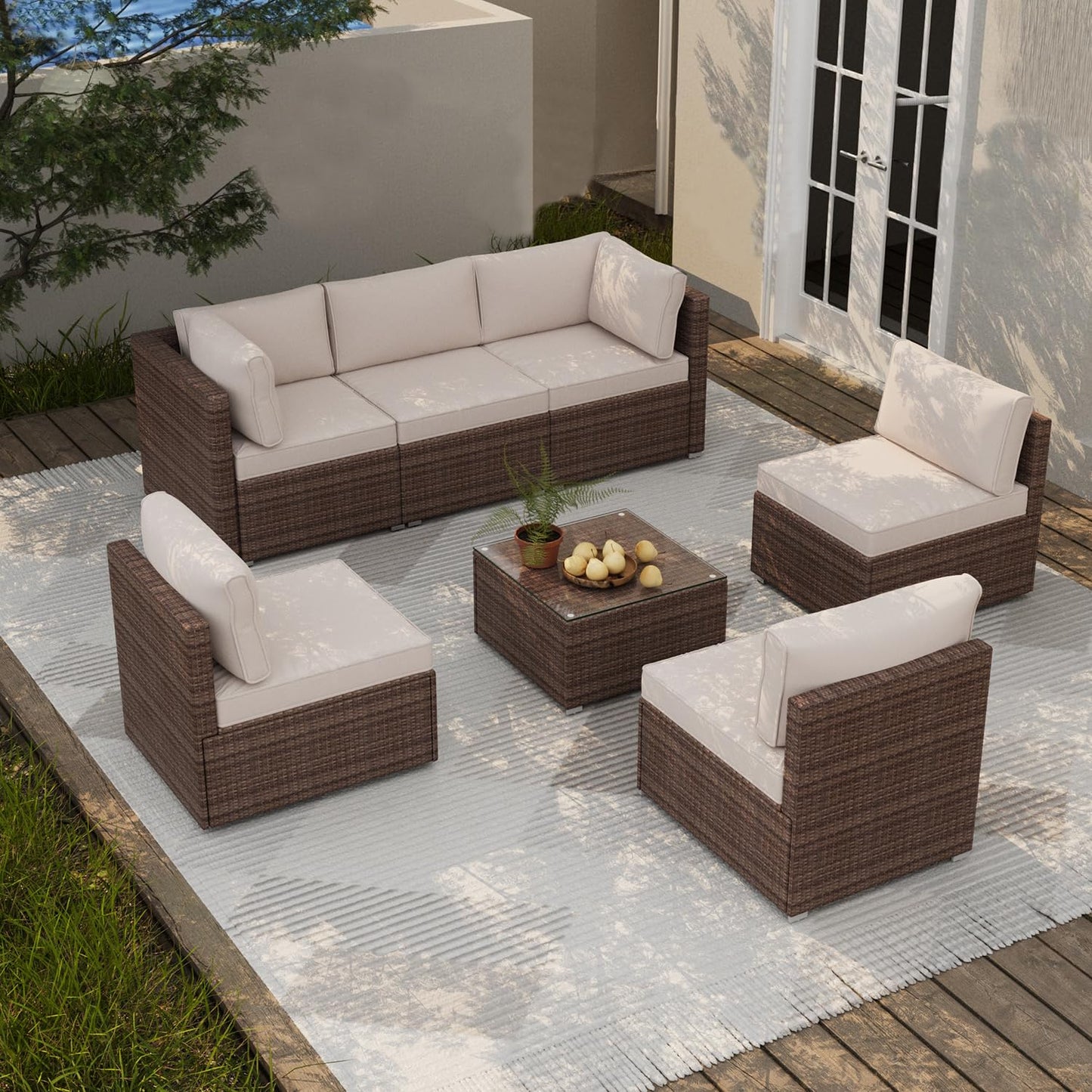 Naga Bahna 7 Piece Patio Furniture Set, Outdoor Patio Conversation Set, All-Weather Rattan Wicker Sectional Sofa Couch w Water Resistant Thick Cushions, 2 Extra Pillows and Coffee Table, Beige/Brown