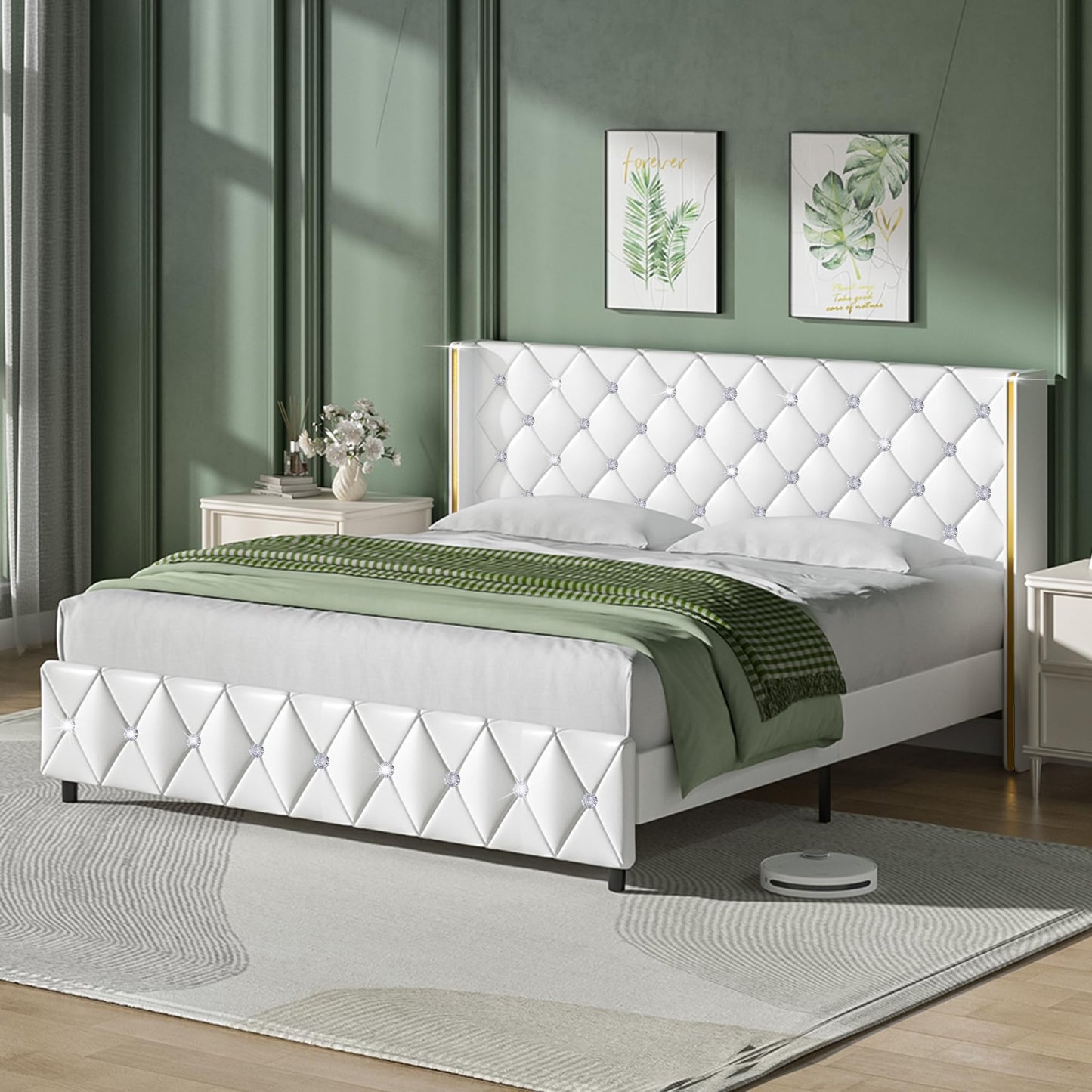 King Bed Frame with Headboard and Footboard, Velvet Upholstered Bed Frame with Diamond Tufted Design, King Size Bed with Wooden Slats Support, No Box Spring Required, Easy Assembly, Black
