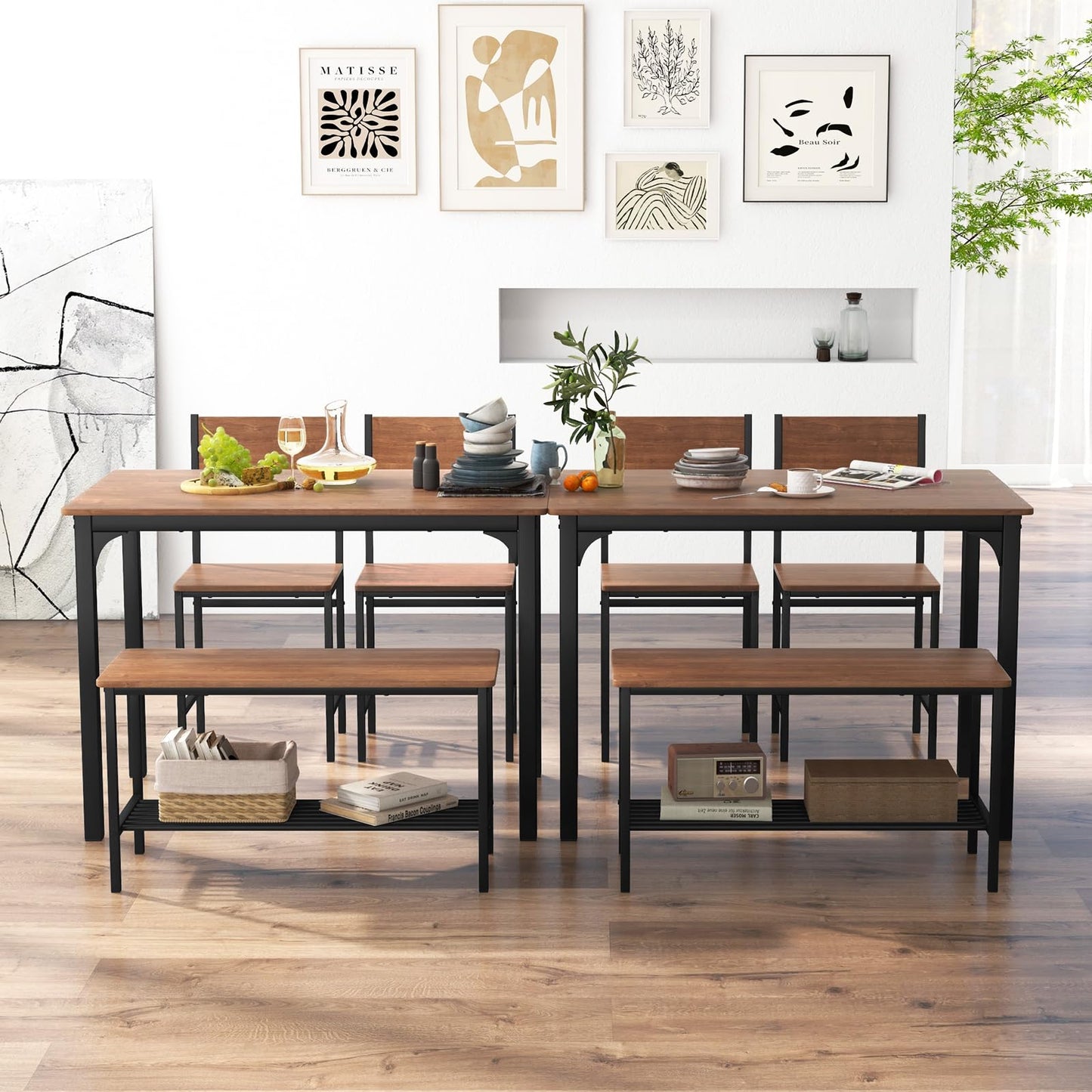 ReunionG Dining Table Set for 4, Modern Dinette with 1 Bench & 2 Chairs, Storage Shelf, 4-Piece Kitchen Table for Small Space, Apartment, Dining Room, Restaurant (Rustic Brown)