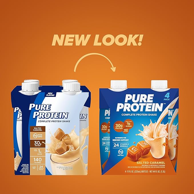 Pure Protein Salted Caramel Shake, Ready to Drink and Keto-Friendly, Vitamins A, C, D, and E Plus Zinc to Support Immune Health, 11 Oz, 12 Count
