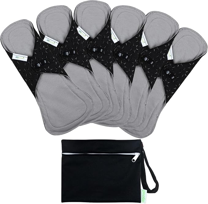 wegreeco 6 Pcs Reusable Menstrual Pads, Ultra Absorbent Cloth Pads for Heavy Flow, Sanitary for Teens, Women, Nonslip, Grey Inner, Black Outer, Small