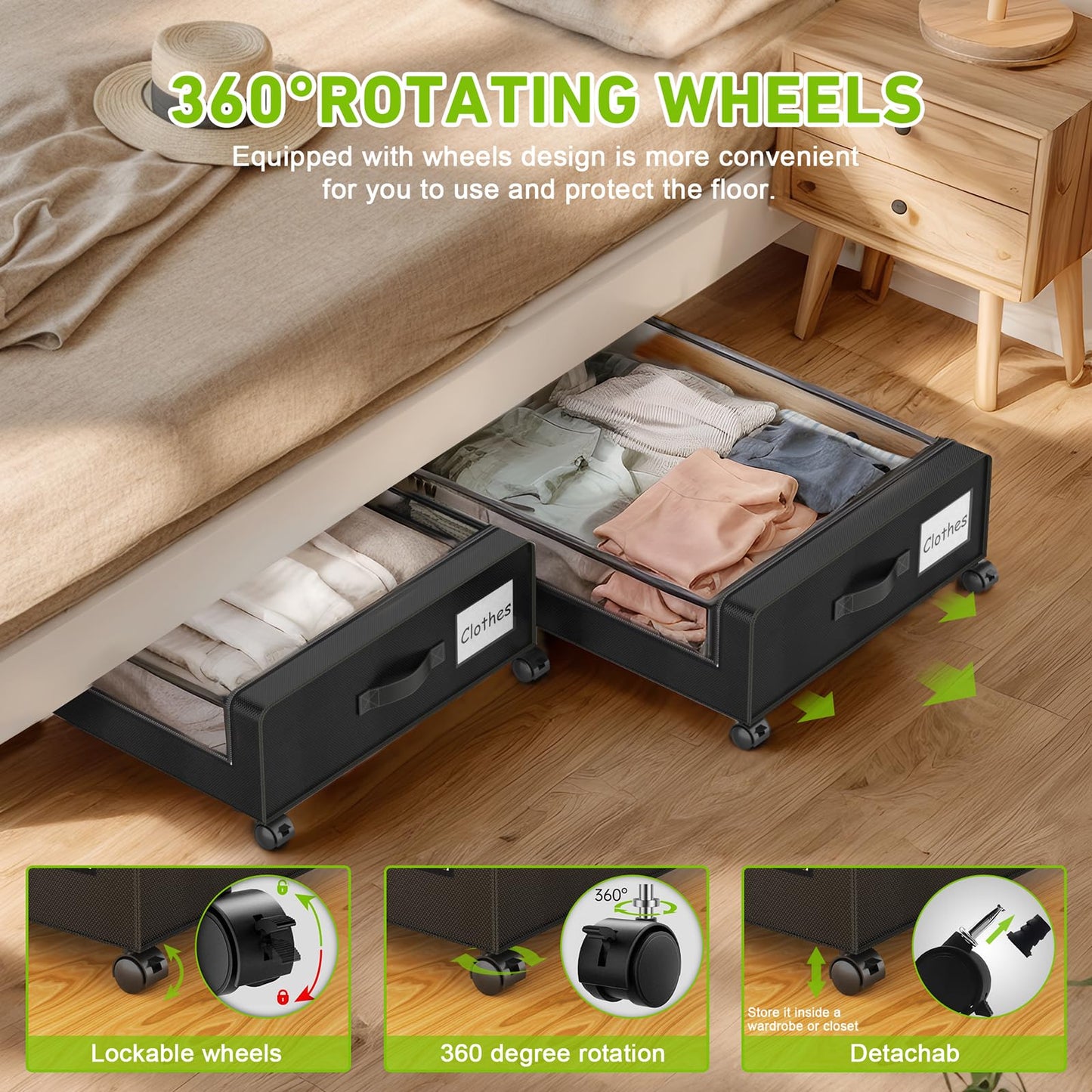 YAASHEEN Under Bed Storage with Wheels, 2-Pack Under the Bed Storage Containers with Clear Lids & Label, Underbed Storage Bins, XXL 60L Rolling Metal Drawer for Clothes, Shoes, Toys, Books - Black