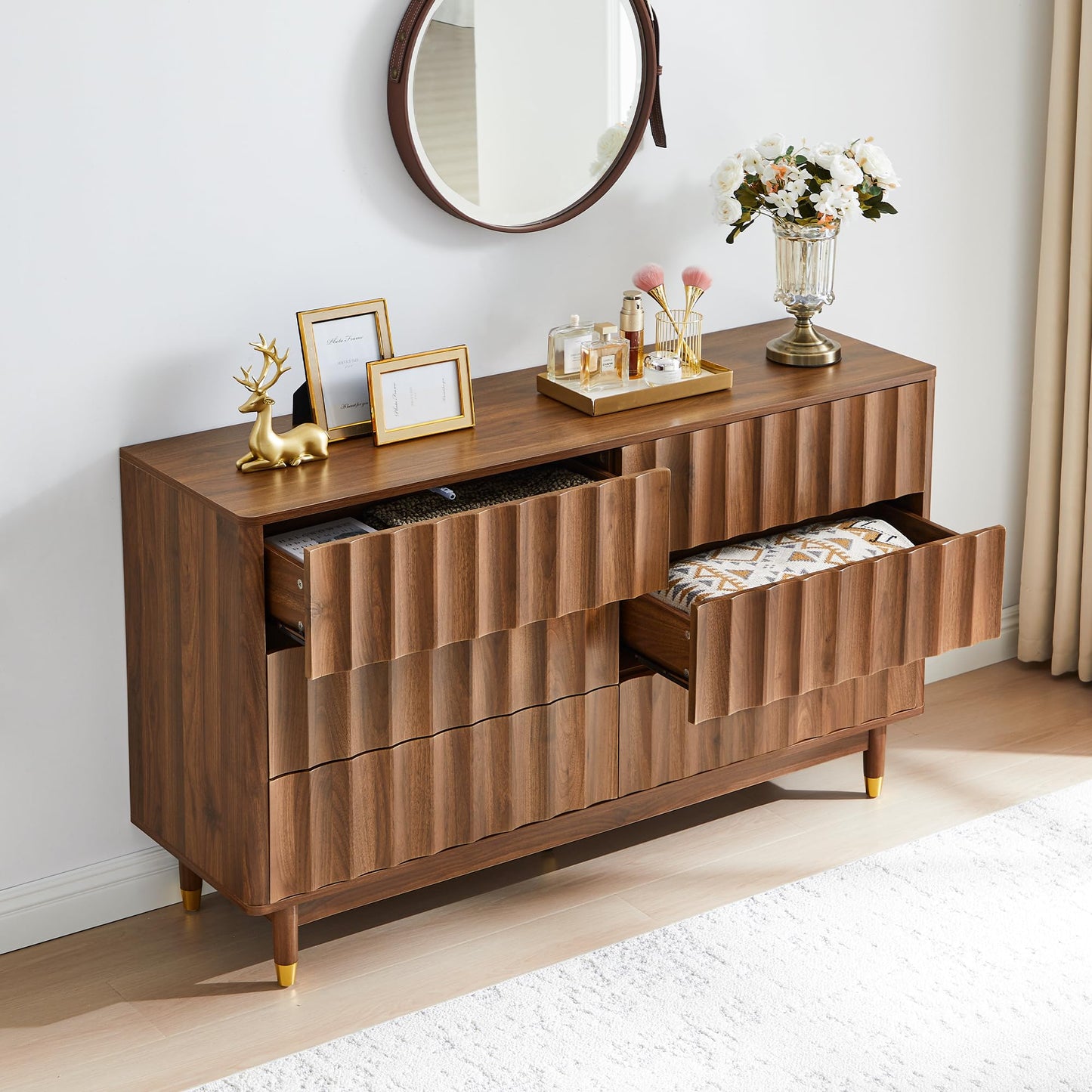 Caspellaire Fluted 6 Drawer Dresser, 53" Wide Modern Chest of Drawer, Dresser TV Stand,Wood Drawer Organizer for Bedroom, Living Room, Hallway
