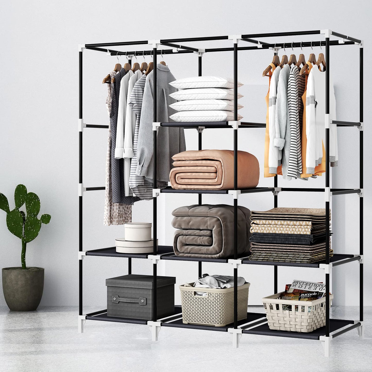 KEKIWE Portable Closet, 51 Inch Wardrobe Closet for Hanging Clothes with 2 Hanging Rods, 8 Storage Organizer Shelves for Bedroom, Durable and Easy to Assemble, Black
