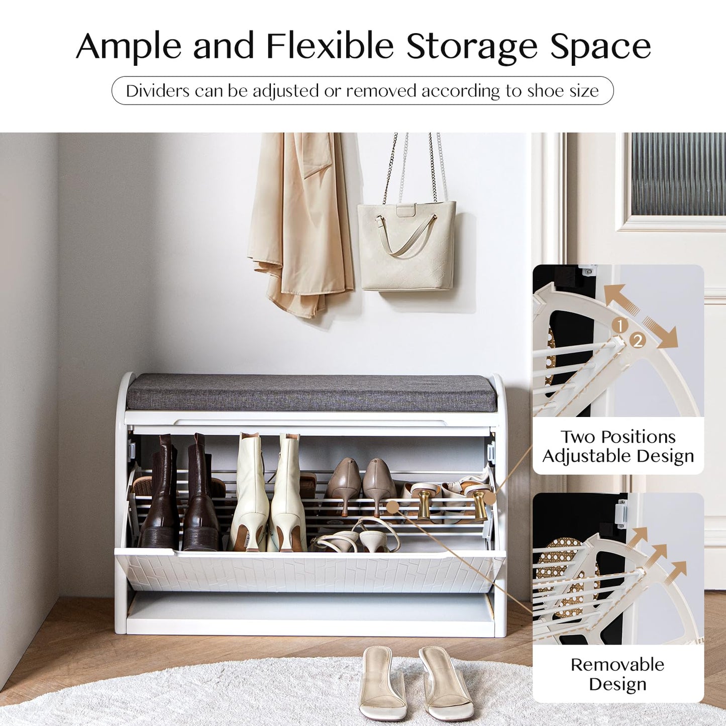 Jiansu furni Shoe Bench with Storage,Rattan Shoe Bench with Seating and Cushion, Shoe Organizer with Shelf Wooden Storage for Hallway and Bedroom,White (2PCS)