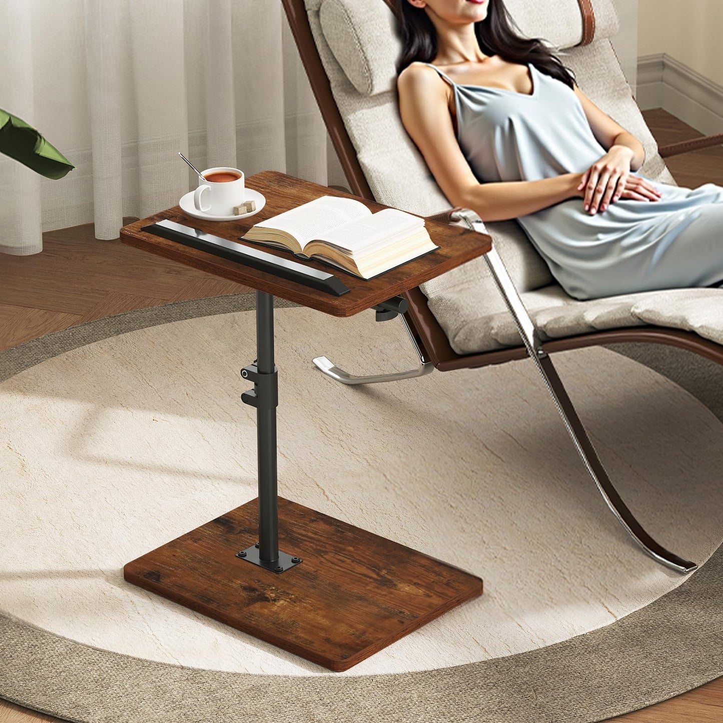MAHANCRIS TV Tray Table, Sofa Armrest Tray Table for Couch, 360° Swivel Height Adjustable End Table, Snack Side Table with Phone and Tablet Slot, Rustic Brown ETRB4501