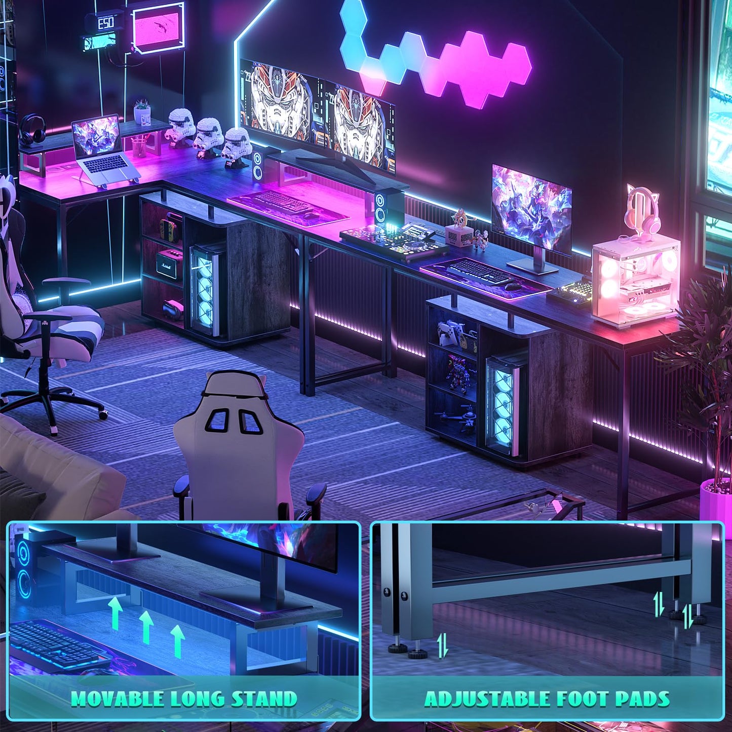 Cyclysio L Shaped Gaming Desk with Wood Cabinet, 58" Large Corner Desk with LED Lights & Power Outlet, Reversible Computer Desks with Computer Tower Stand, 2 Person Desks for Home Office, Grey