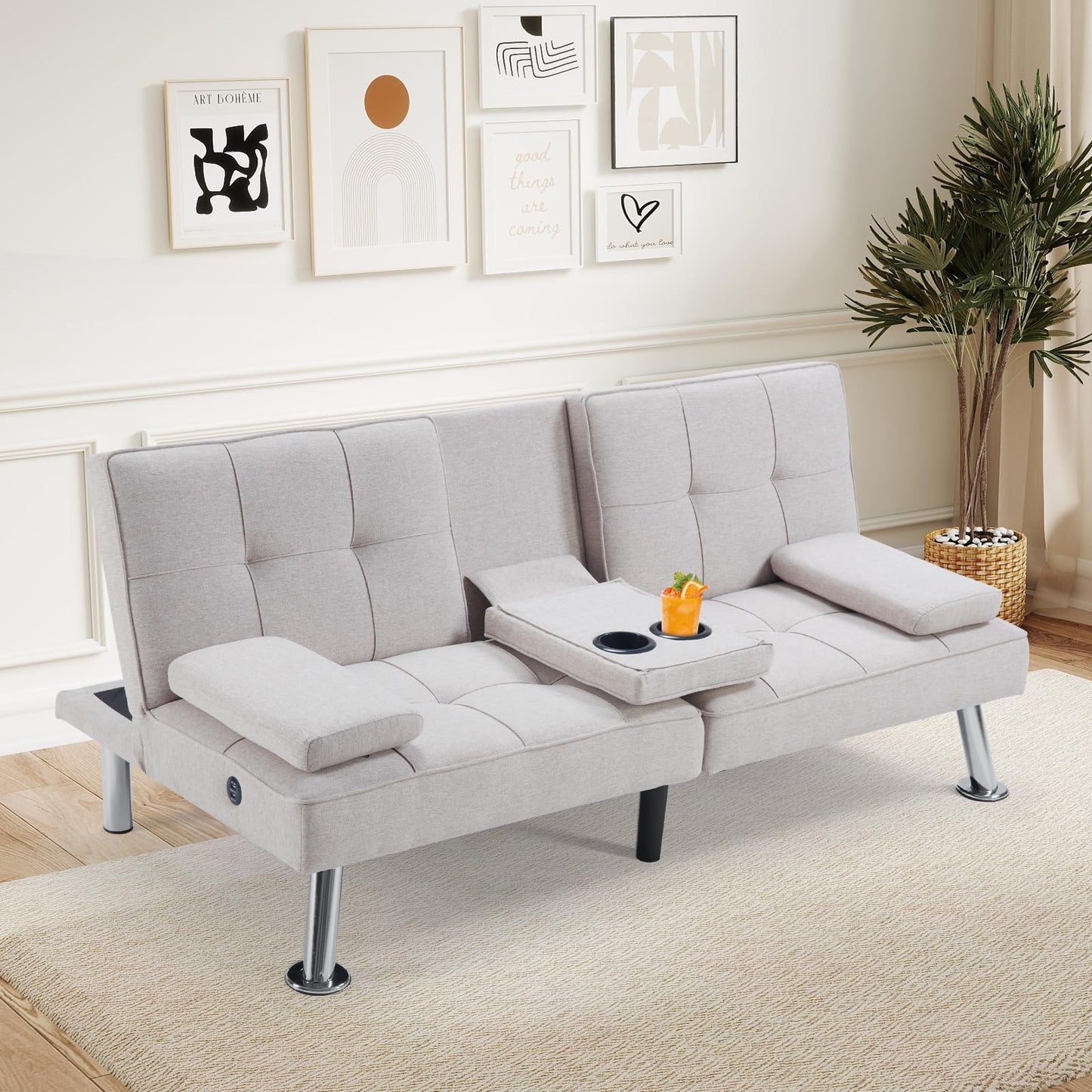 HAOMARKETS Convertible Futon Sofa Bed with USB Charging Port, Modern Linen Loveseat with Removable Armrests and 2 Cup Holders, Adjustable Folding Sleeper Couch for Small Spaces, Living Room, White