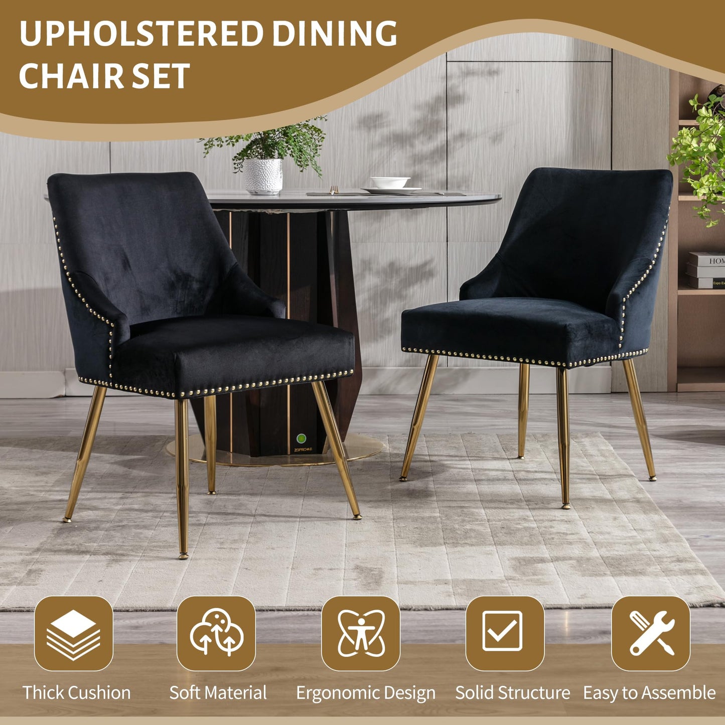 KCC Velvet Dining Room Chairs Set of 2 Nailhead Back Ring Pull Trim with Gold Legs for Kitchen Living Room(Black)