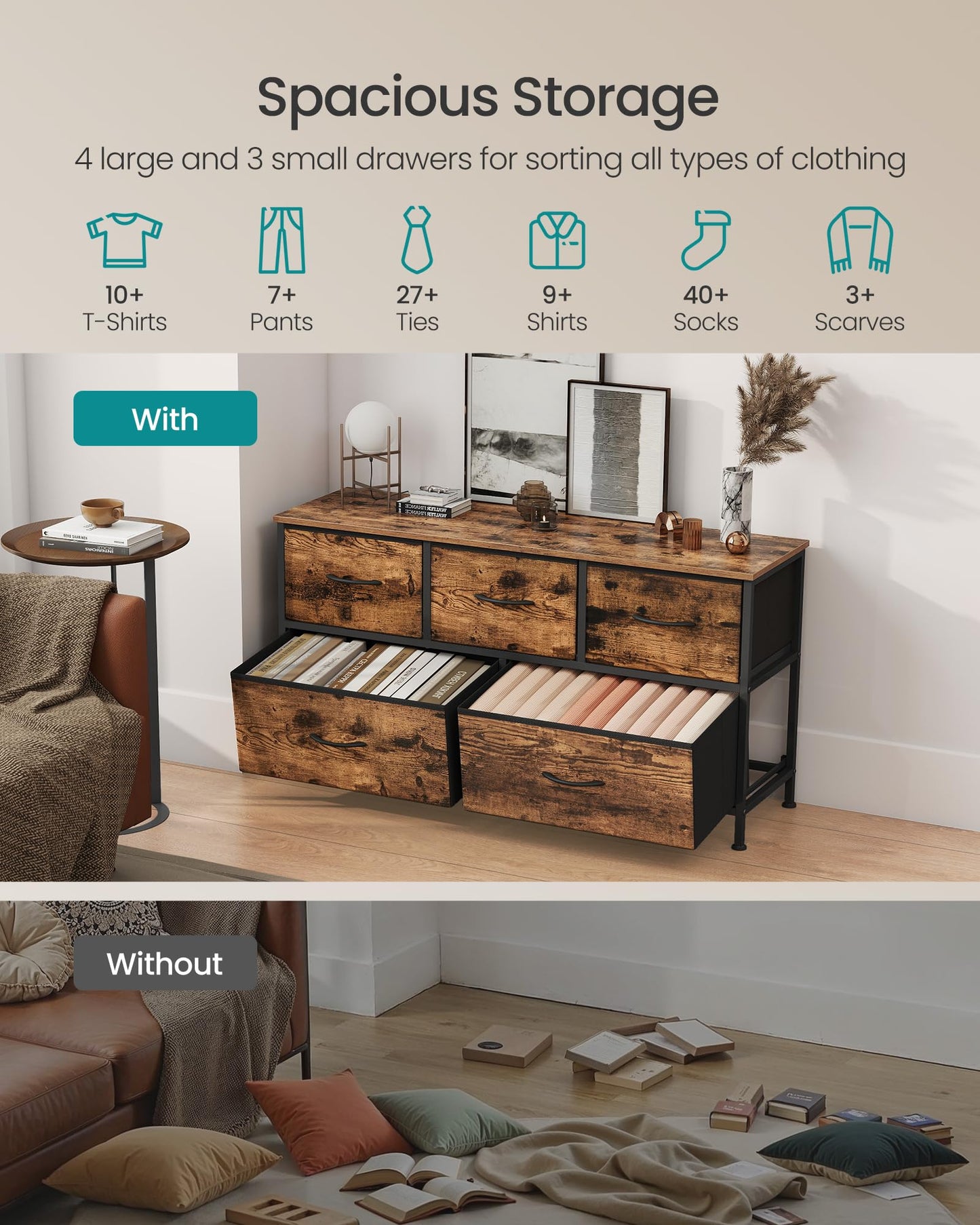SONGMICS Dresser for Bedroom, Chest of Drawers, TV Stand, Steel, MDF, 5 Non-Woven Fabric Drawers, Storage Organizer Unit, Closet, Entryway, Rustic Brown and Ink Black ULGS322B02S