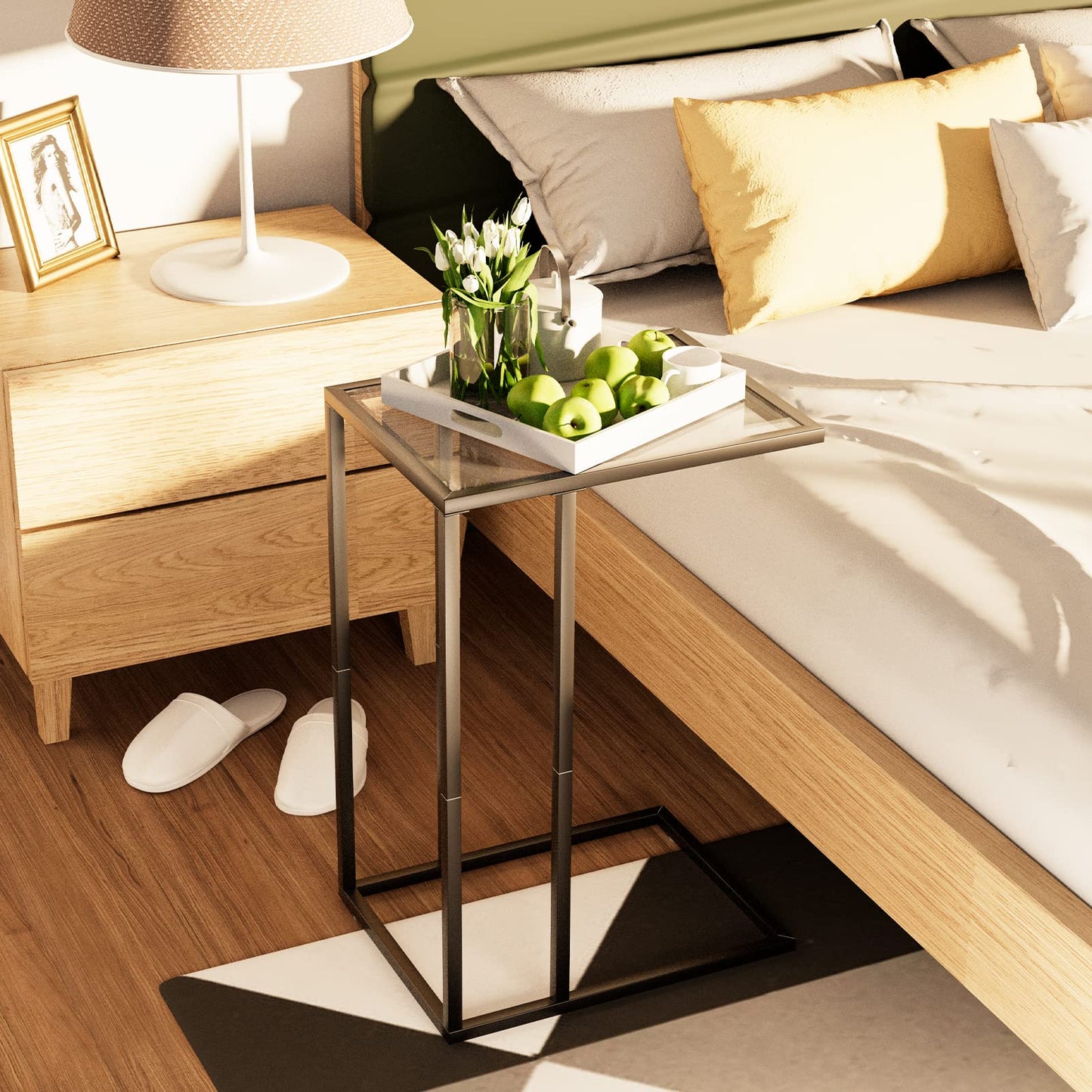 C Shaped End Table Set of 2, Sofa Couch Side Table, Tempered Glass Snack TV Tray Table with Metal Frame for Small Space,Living Room, Bedroom, Bedside,Modern Style, Black,2PCS