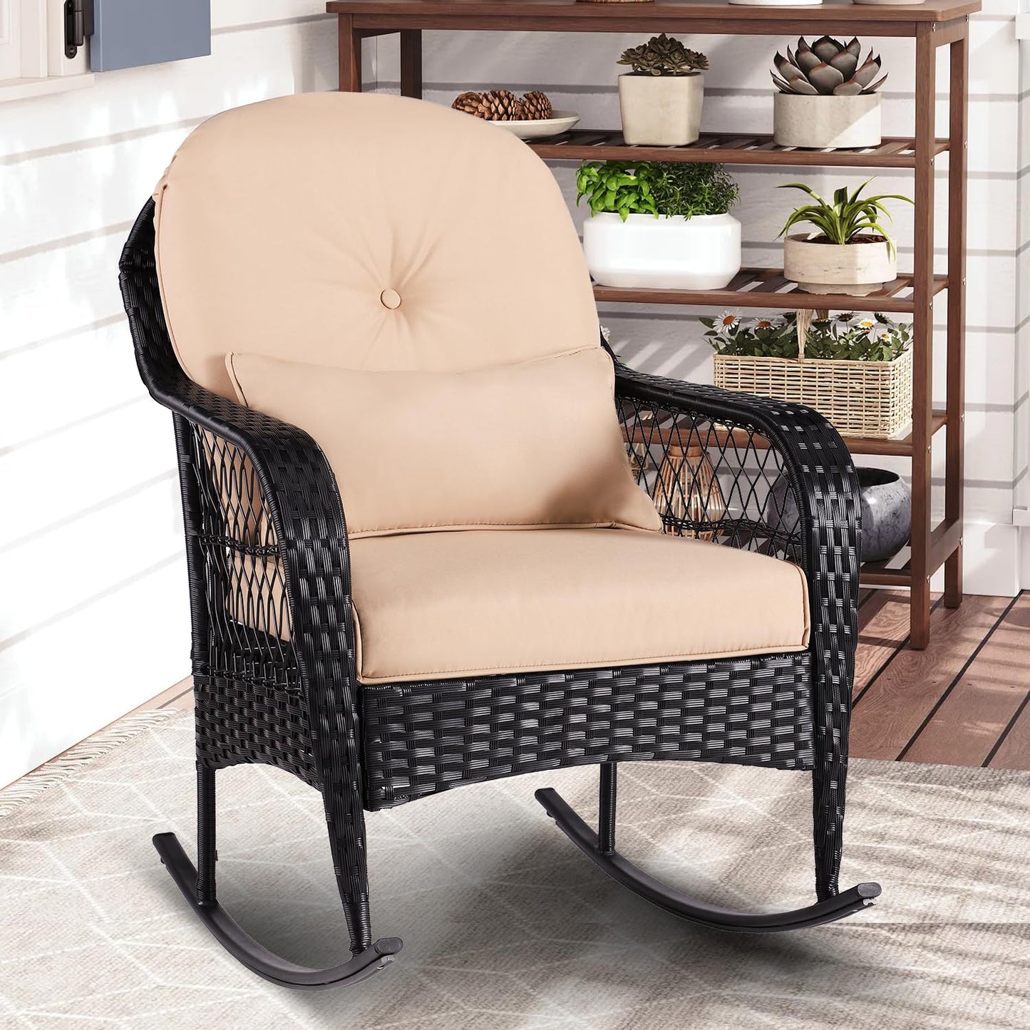 Outdoor Wicker Rocking Chair, PE Rattan Rocker with Seat Back Cushions & Waist Pillow, All- Weather Wicker Furniture for Porch, Backyard, Poolside, Deck (Wicker Chair(1 PC Khaki))